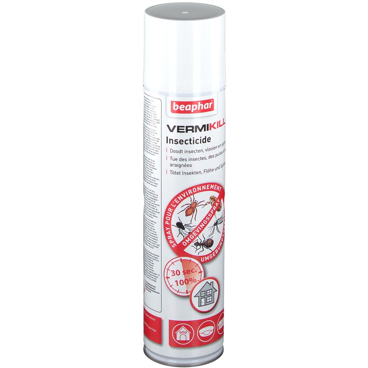 Bombe de spray blanche avec texte rouge et blanc. Nom du produit: Vermikill Insecticide. Illustration d'insectes.