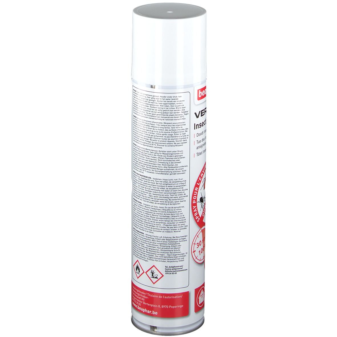 Bombe de spray blanche avec texte. Informations produit et code-barres au dos. Bande rouge en bas.