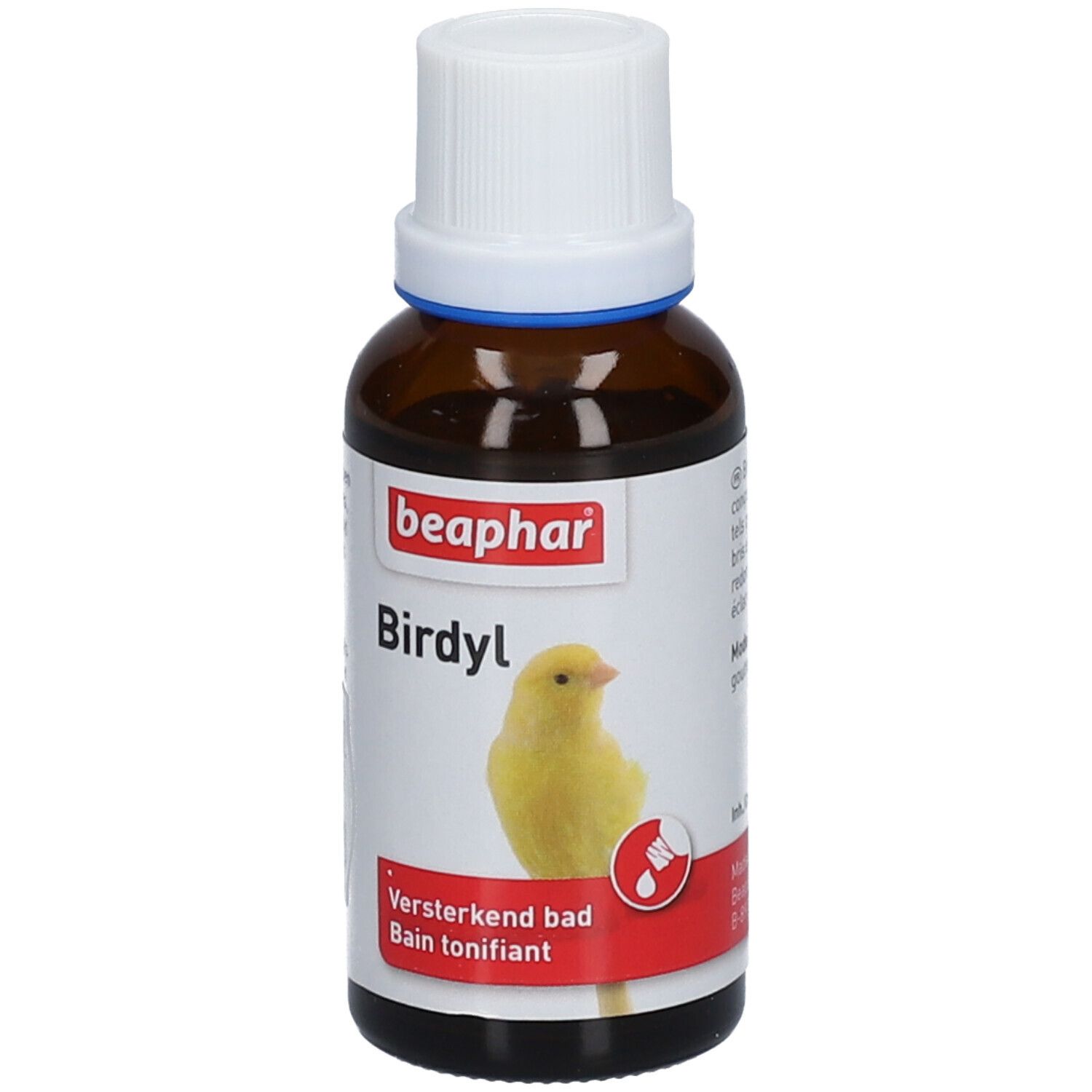 Braune Glasflasche mit weißem Deckel. Etikett mit "beaphar Birdyl" und gelbem Vogel. Roter Streifen.