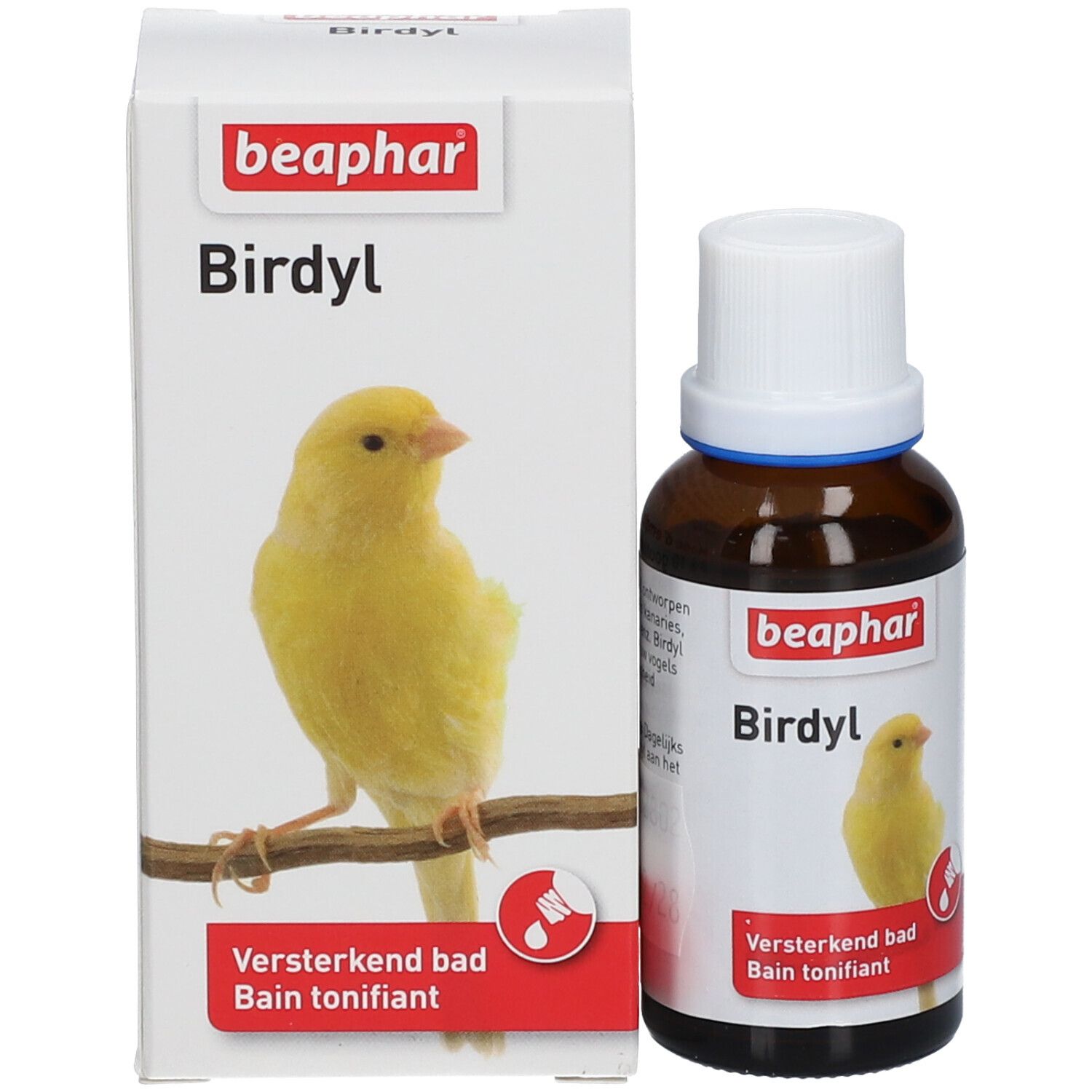 Produktverpackung und Flasche. Verpackung mit "beaphar Birdyl" und Vogel. Flasche mit Etikett.