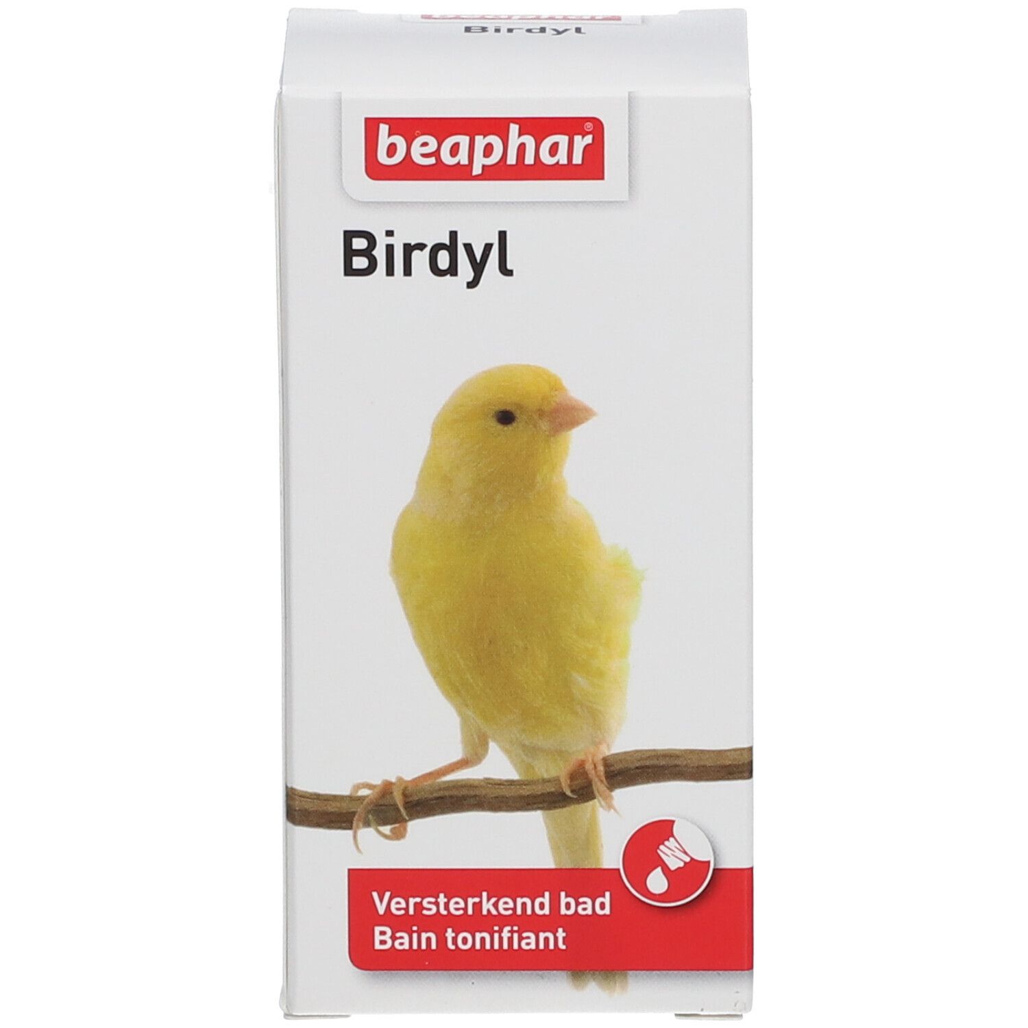 Weiße Produktverpackung mit "beaphar Birdyl" und gelbem Vogel. Roter Streifen mit Text.