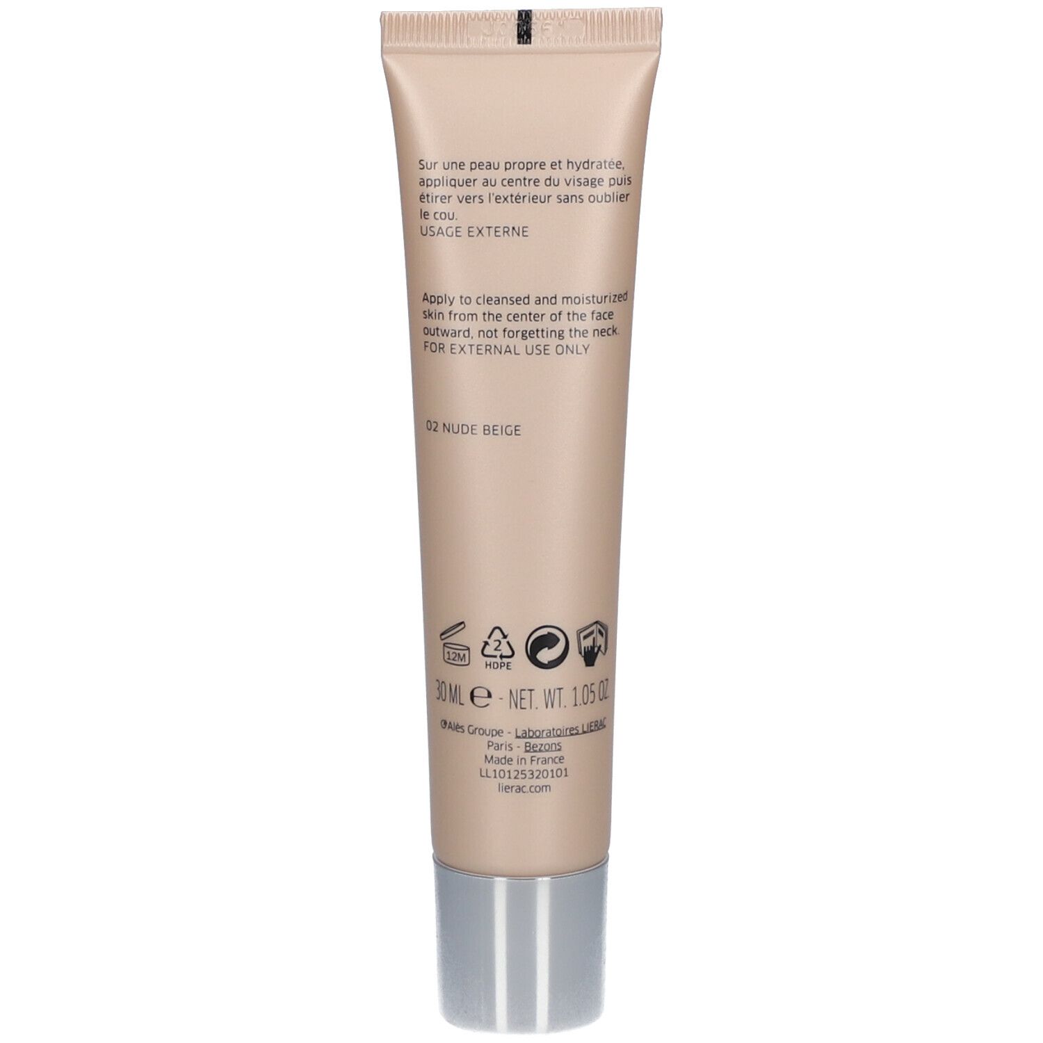 Dos du tube beige. Texte: instructions d'utilisation, ingrédients, symboles de recyclage, 30ml, Net 1.05oz, et coordonnées.