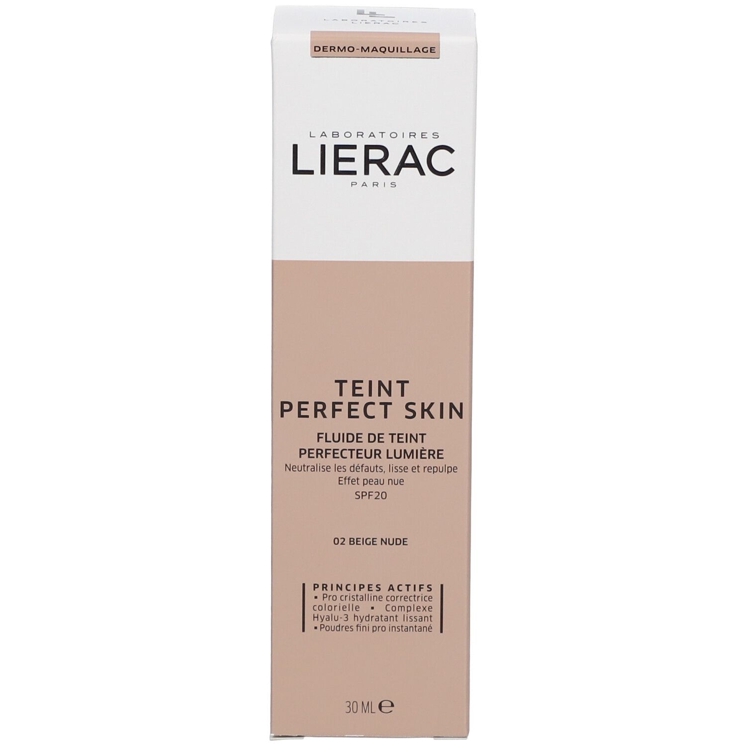 Emballage en carton beige et blanc. Inscriptions: DERMO MAQUILLAGE, LIERAC PARIS, TEINT PERFECT SKIN, 02 Beige Nude, 30 ml.