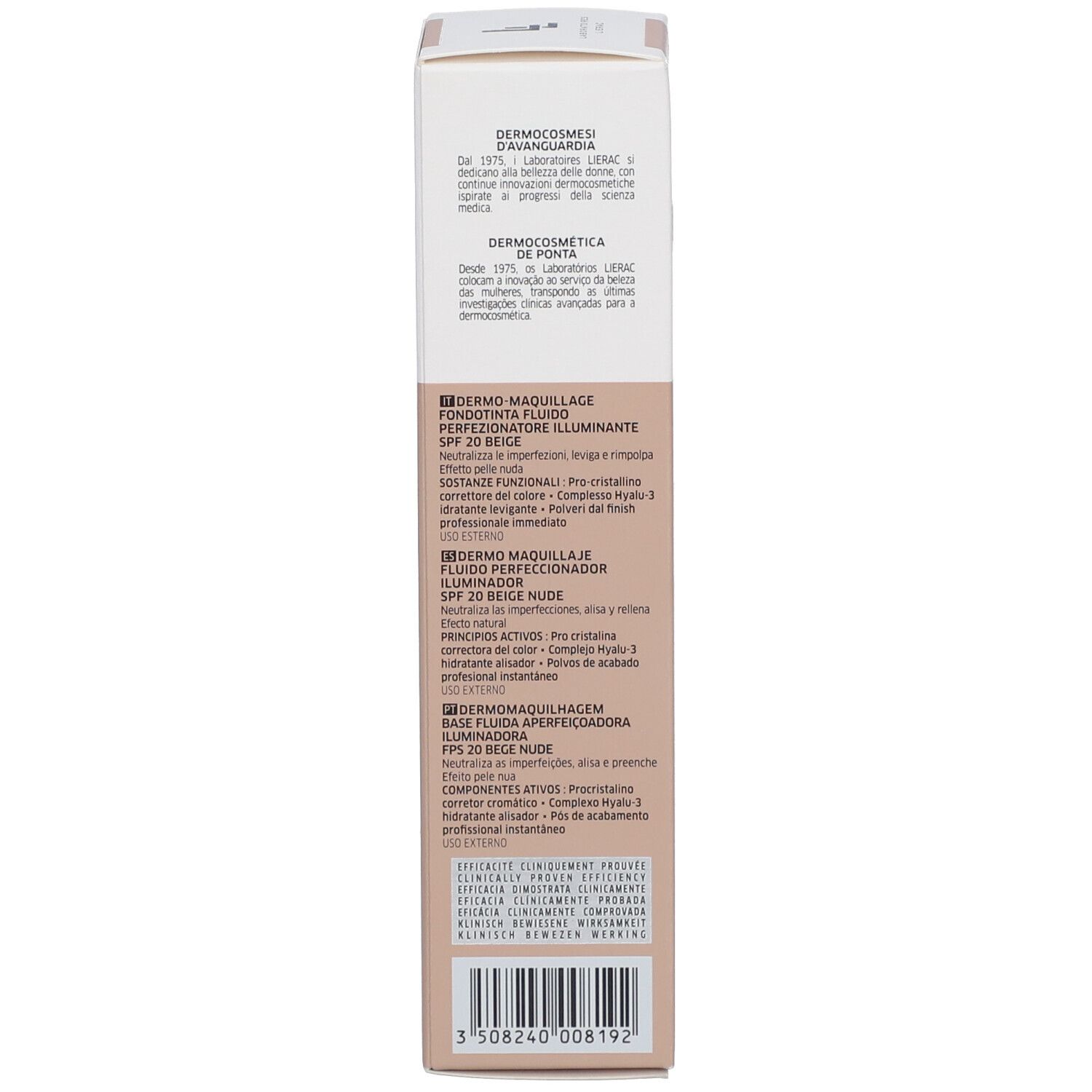 Dos de l'emballage en carton. Texte multilingue: description du produit, ingrédients, coordonnées, code-barres.