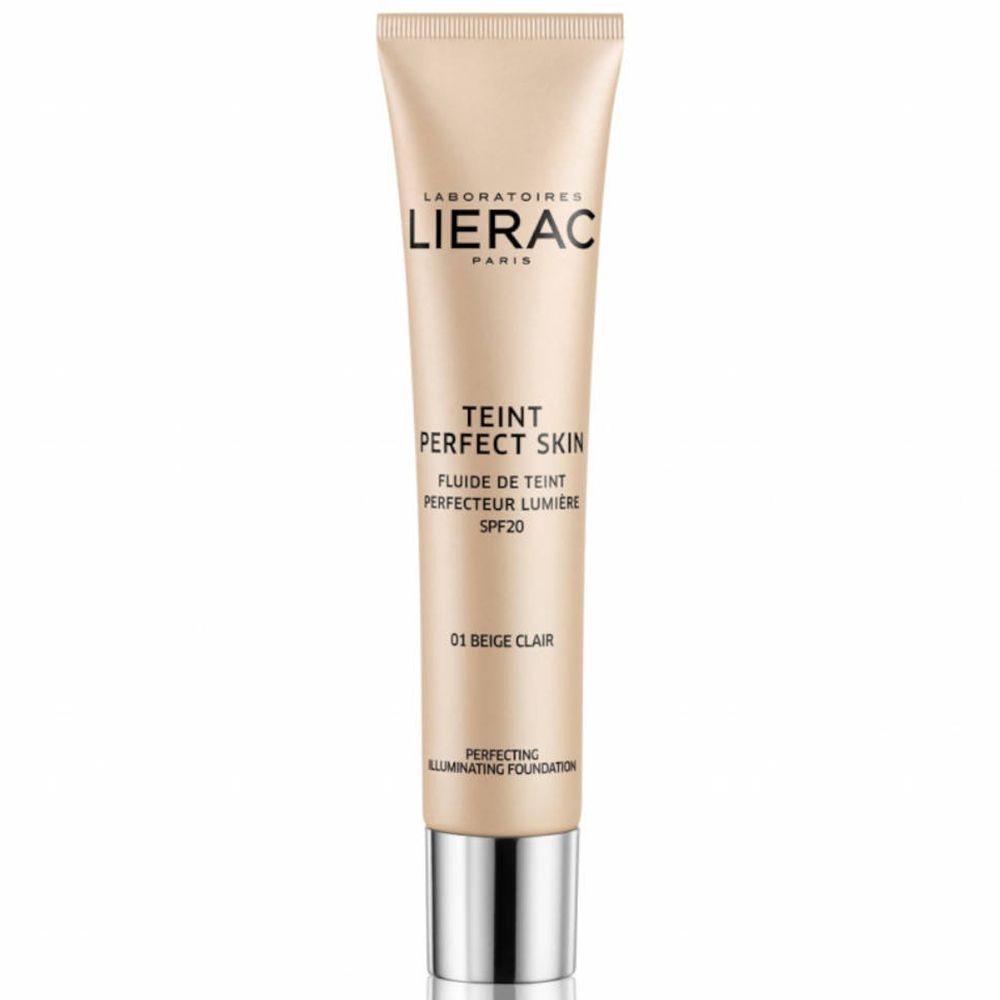Tube beige avec bouchon argenté. Inscription: Lierac, Teint Perfect Skin, SPF20, 01 Beige Clair.