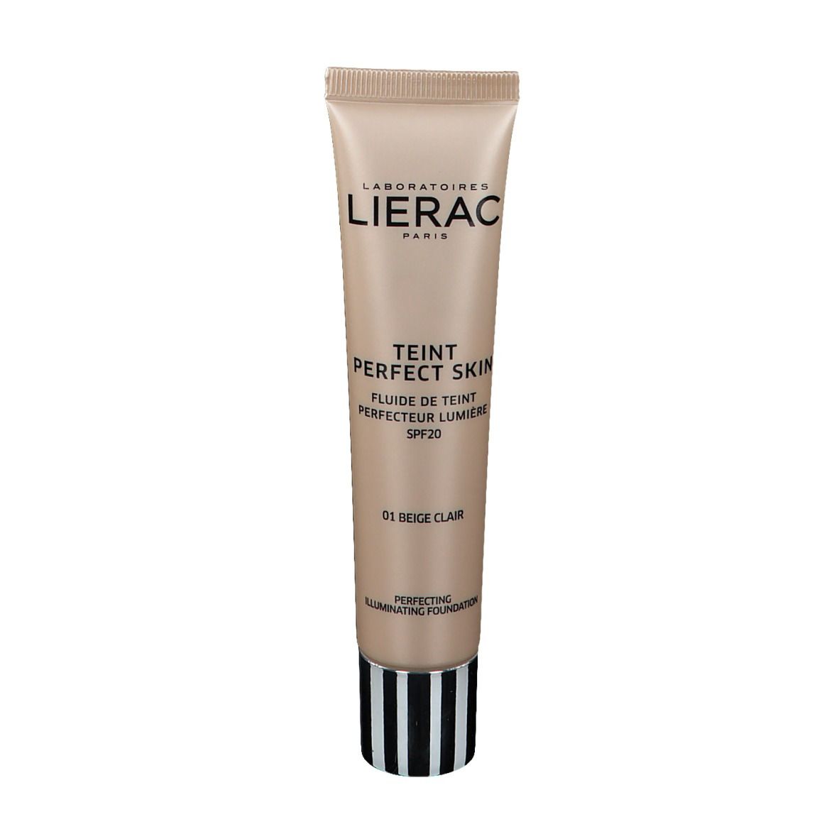 Tube beige avec base rayée noir et blanc. Inscription: Lierac, Teint Perfect Skin, SPF20, 01 Beige Clair.