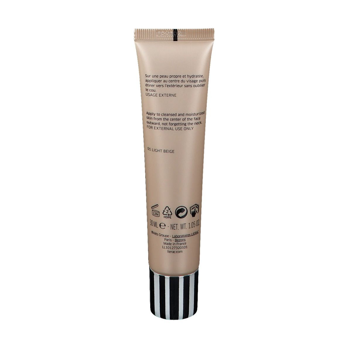 Dos d'un tube beige. Texte multilingue. Inscription: 01 Light Beige.