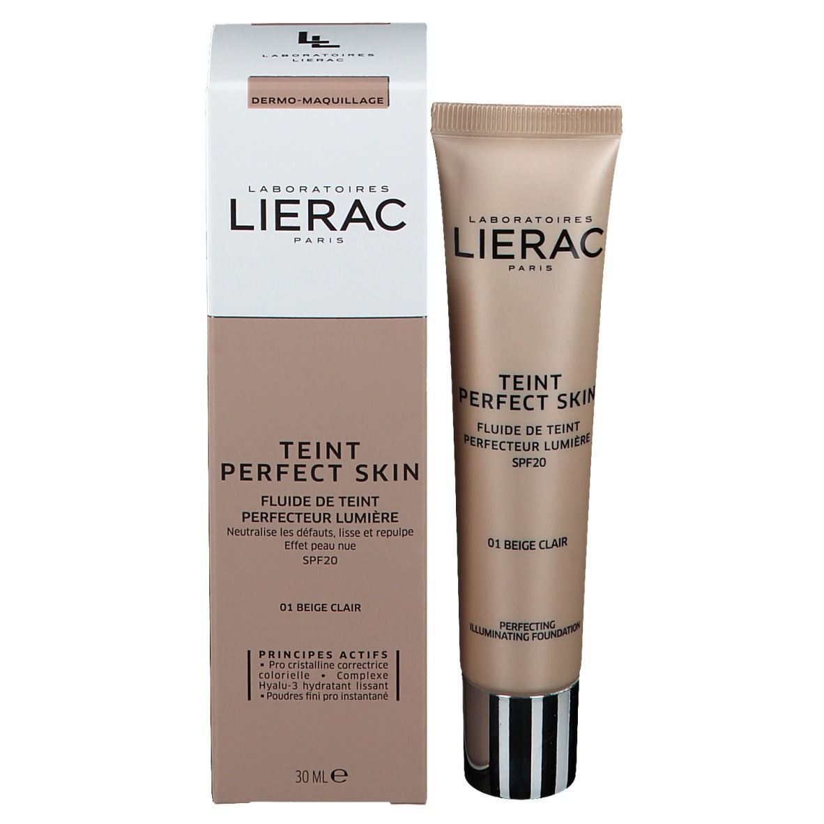 Emballage et tube. Inscription: Lierac, Teint Perfect Skin, SPF20, 01 Beige Clair. 30 ml.