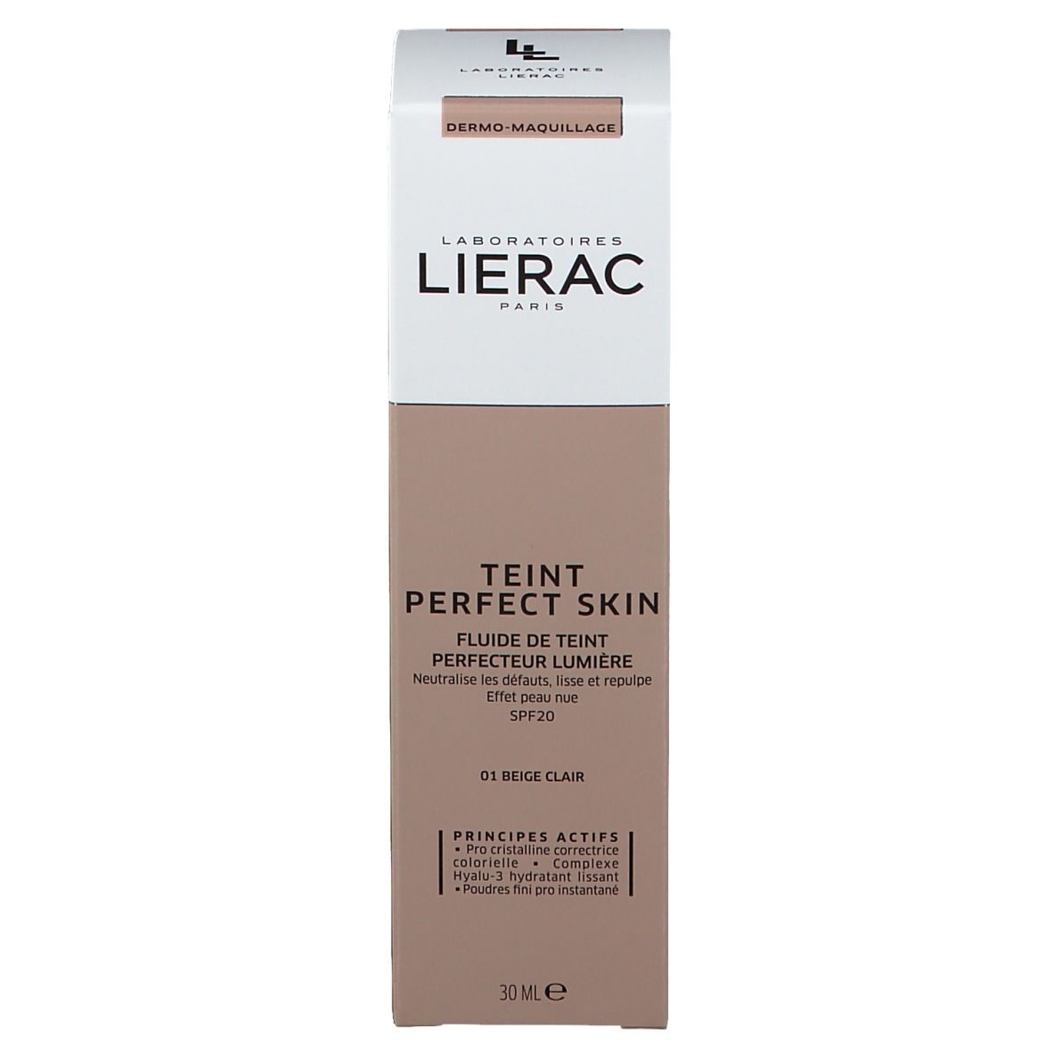 Emballage du produit. Inscription: Lierac, Teint Perfect Skin, SPF20, 01 Beige Clair. 30 ml.