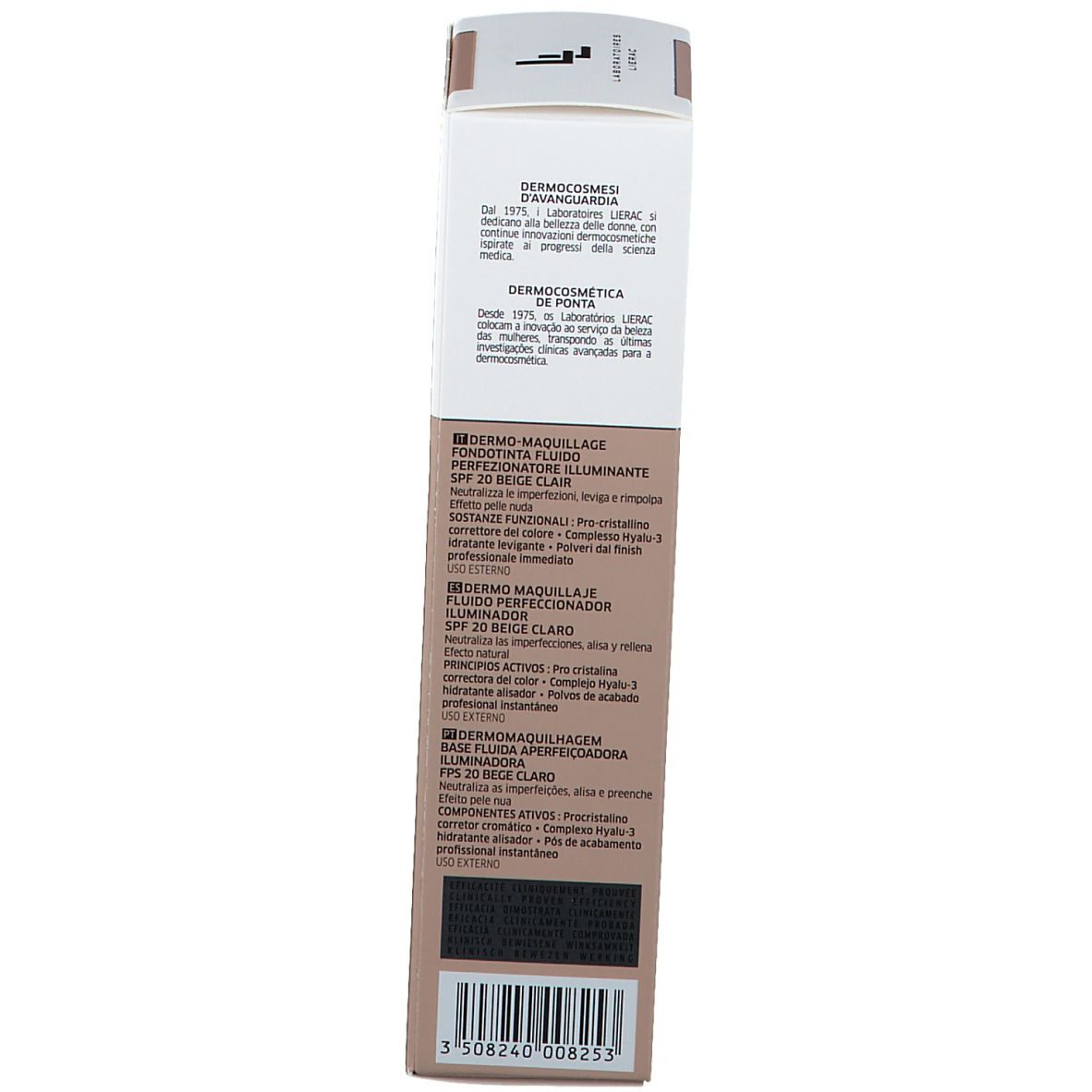 Dos de l'emballage. Texte multilingue. Inscription: Teint Perfect Skin, 01 Beige Clair.