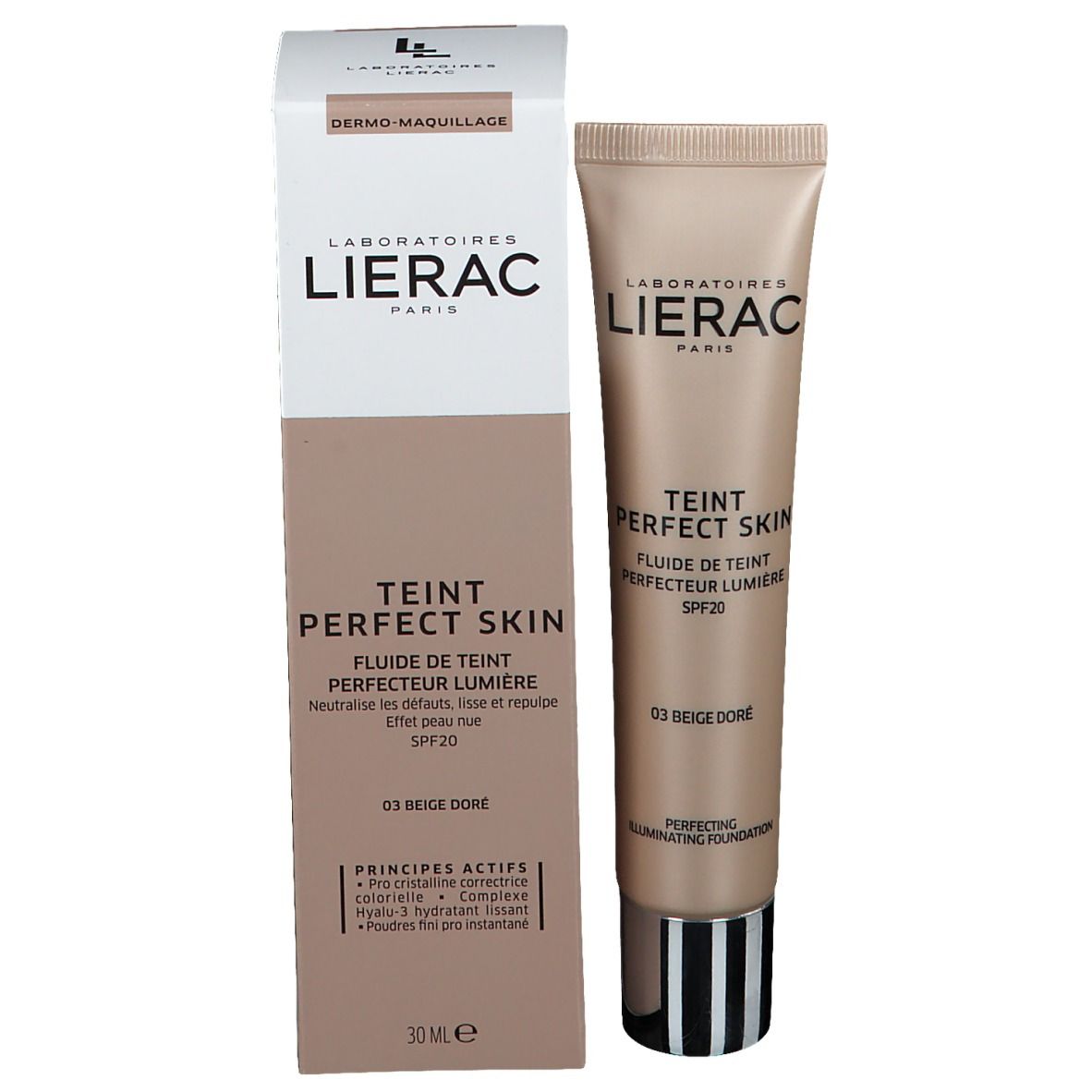 Produit et emballage LIERAC TEINT PERFECT SKIN Fluid Foundation 03 Beige Doré LSF 20. Design beige et blanc.