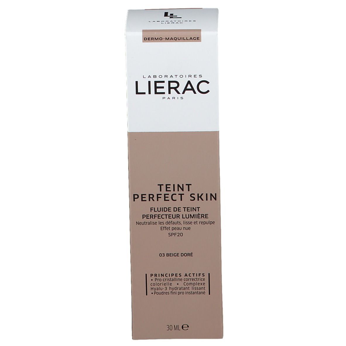 Emballage LIERAC TEINT PERFECT SKIN Fluid Foundation 03 Beige Doré LSF 20. Design beige et blanc, informations produit.