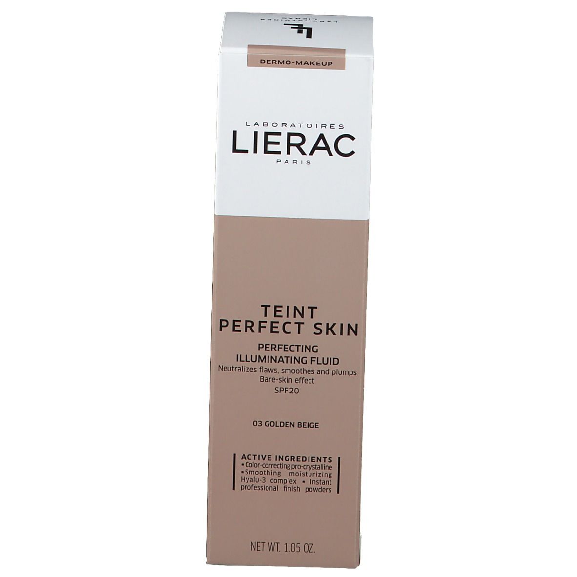 Emballage LIERAC TEINT PERFECT SKIN Fluid Foundation 03 Golden Beige. Design beige et blanc, informations produit.