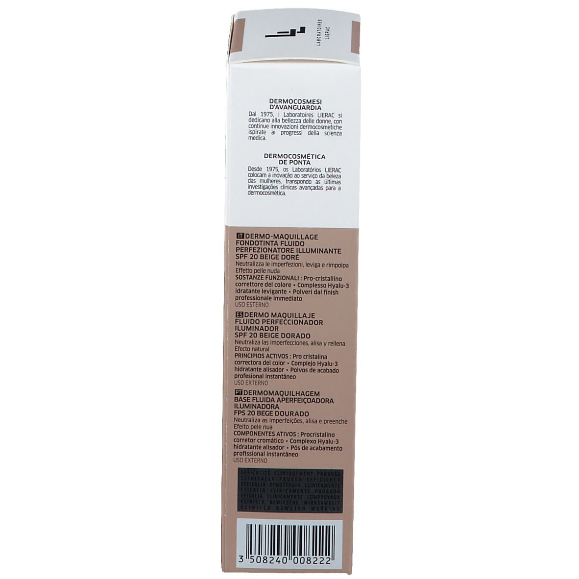 Dos de l'emballage LIERAC TEINT PERFECT SKIN Fluid Foundation. Texte multilingue, design beige-brun.