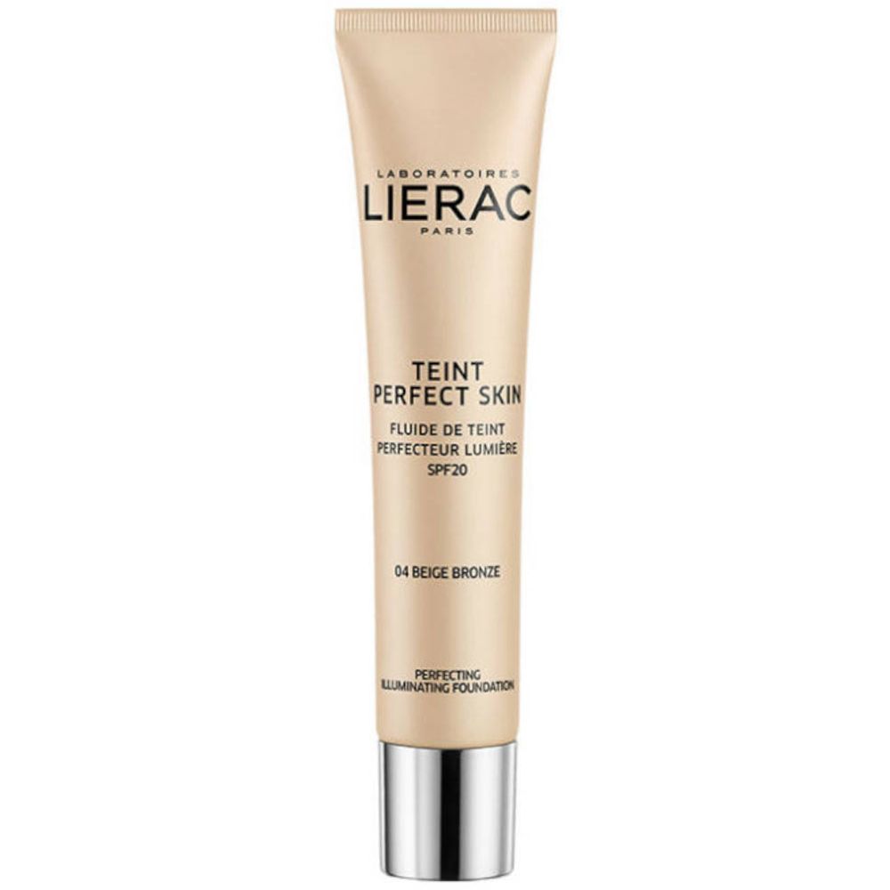 Tube beige LIERAC TEINT PERFECT SKIN Fluid Foundation 04 Beige Bronze LSF 20. Bouchon argenté.