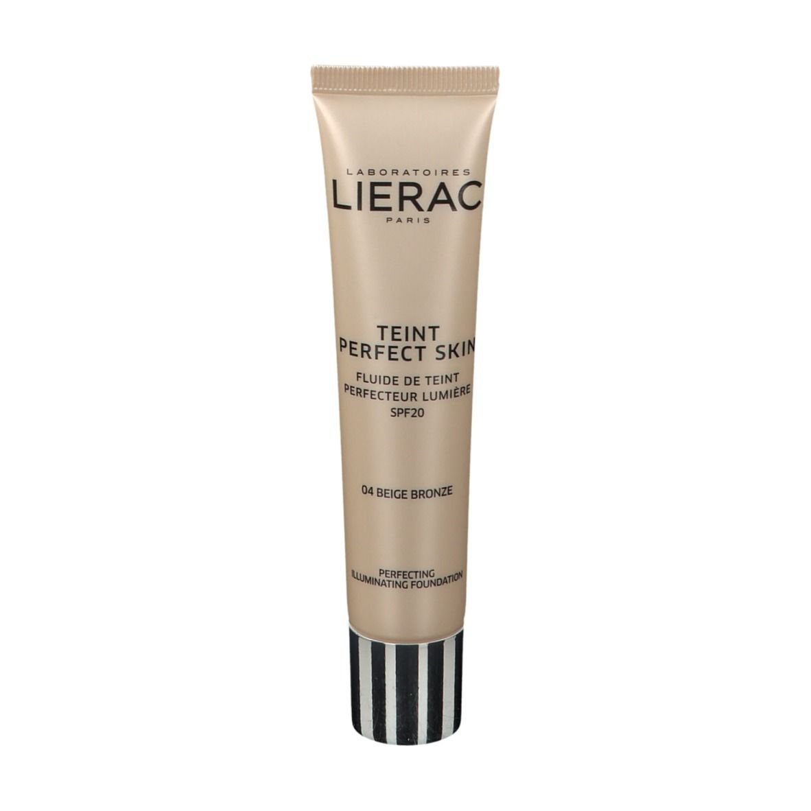 Tube beige LIERAC TEINT PERFECT SKIN Fluid Foundation 04 Beige Bronze LSF 20. Rayures noires et blanches à la base.