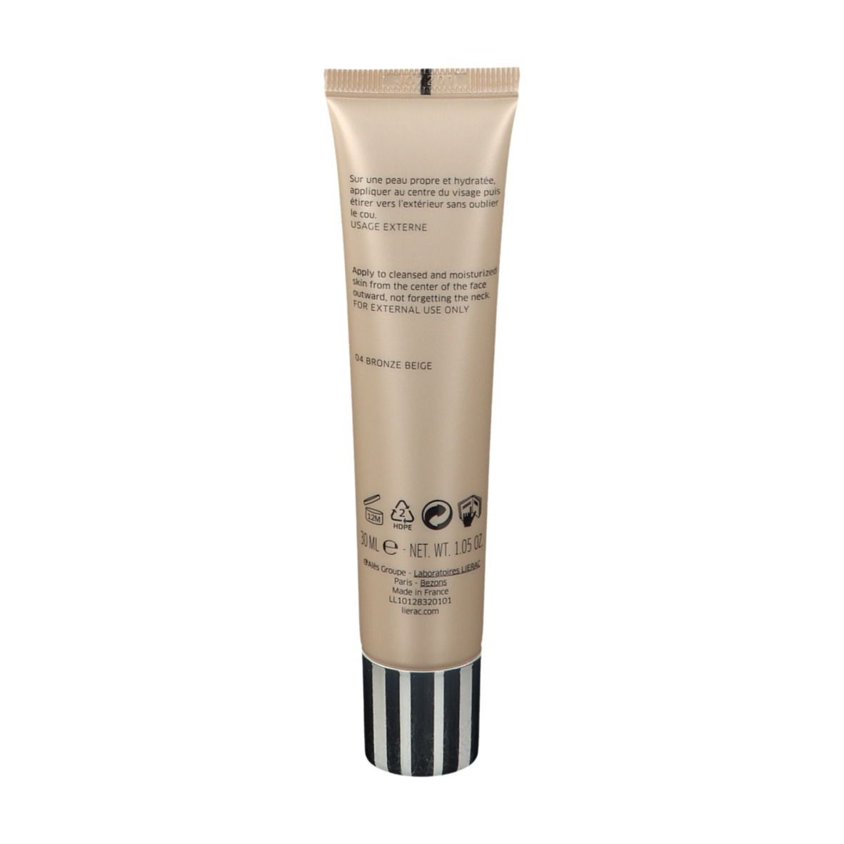 Dos du tube beige LIERAC TEINT PERFECT SKIN Fluid Foundation 04 Beige Bronze. Texte.
