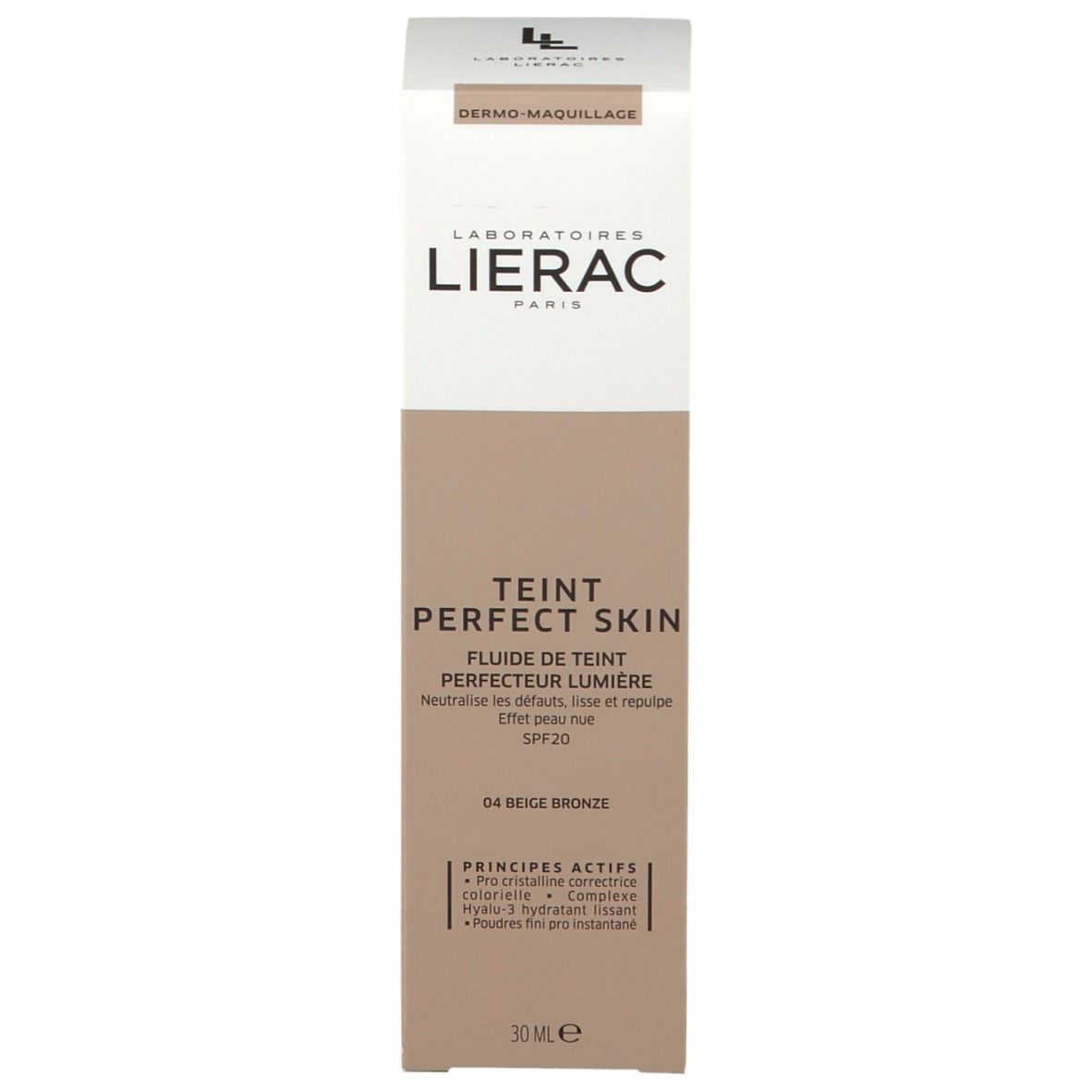Emballage LIERAC TEINT PERFECT SKIN Fluid Foundation 04 Beige Bronze. Boîte blanche et beige. Texte.