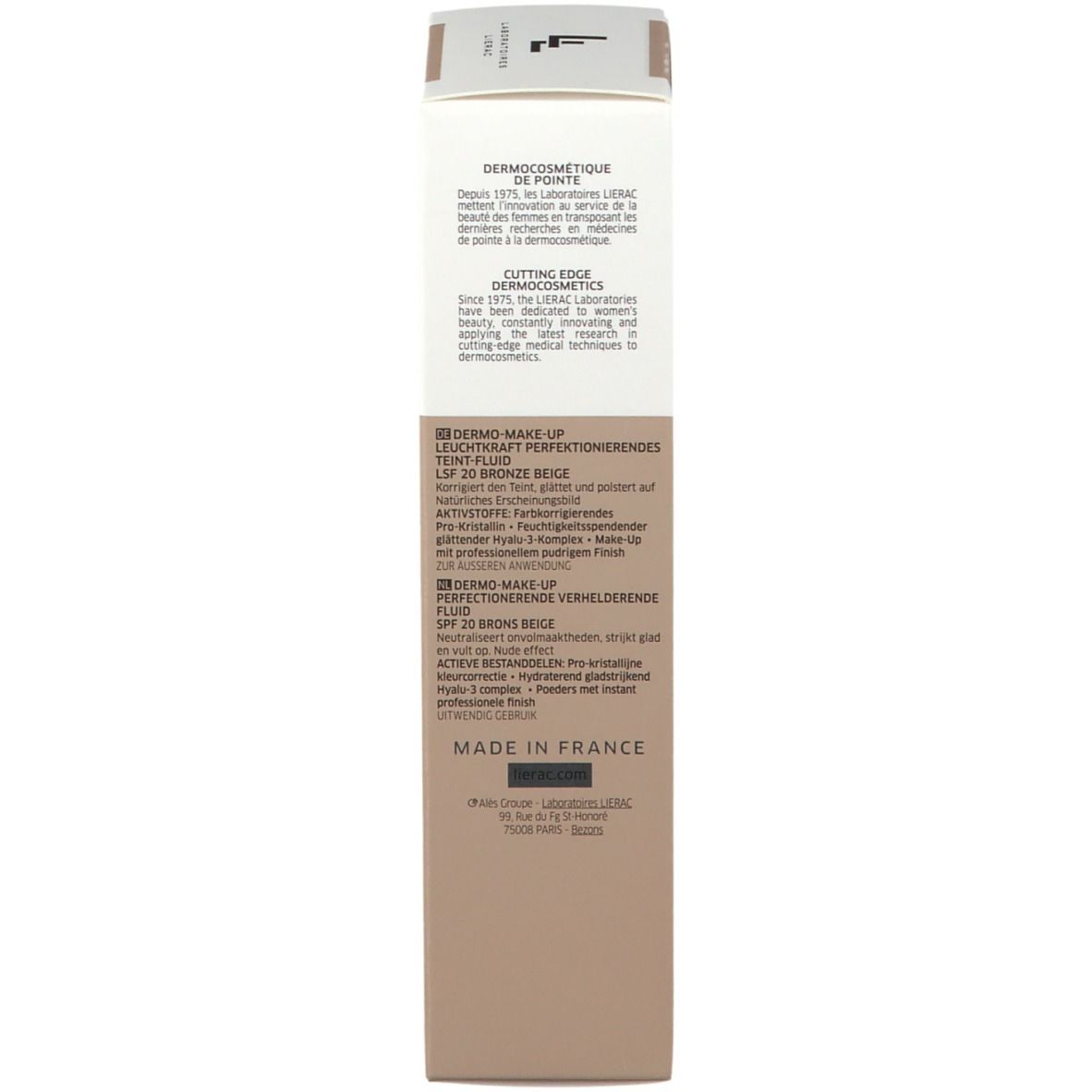Dos de l'emballage LIERAC TEINT PERFECT SKIN Fluid Foundation 04 Beige Bronze. Texte.