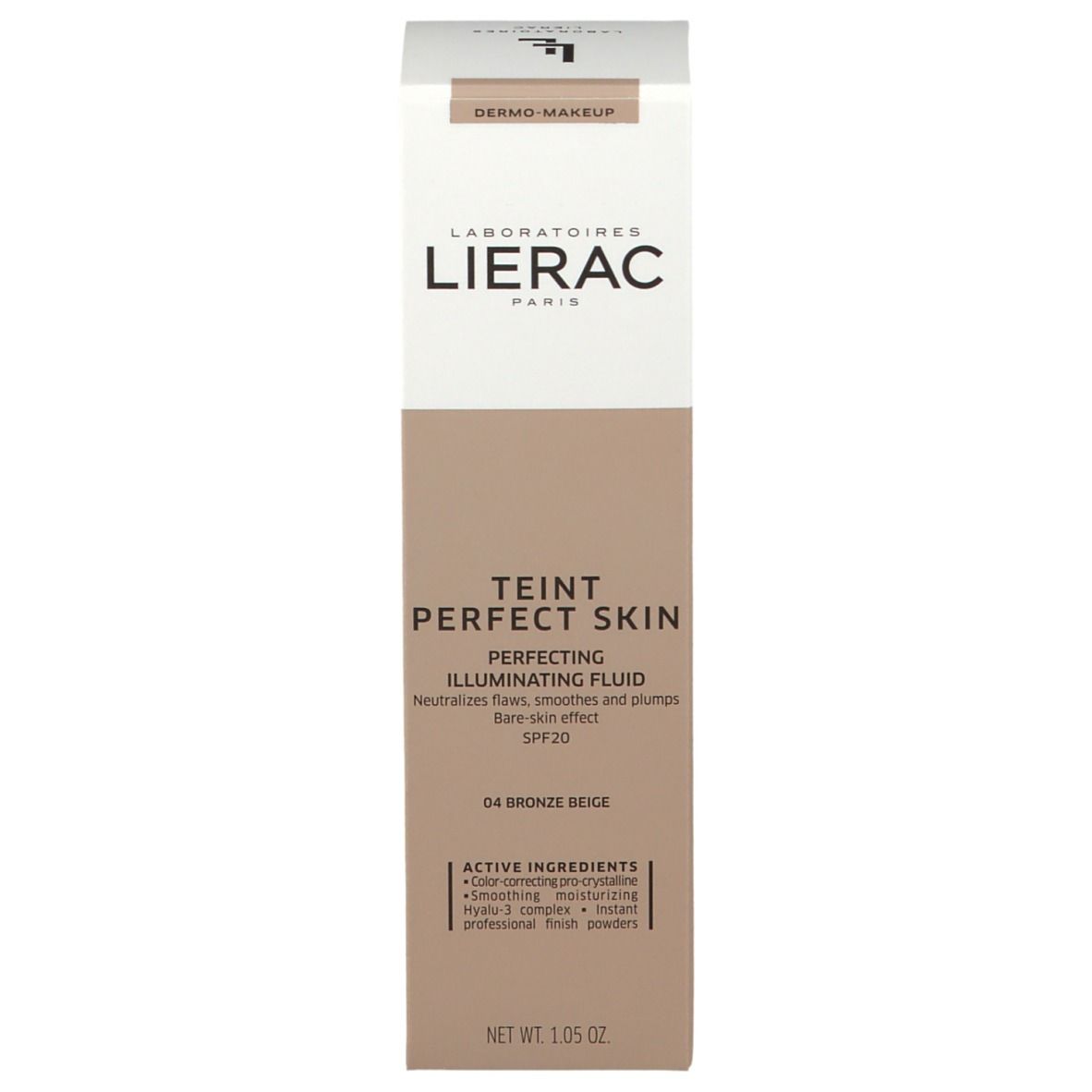 Face avant de l'emballage LIERAC TEINT PERFECT SKIN Fluid Foundation 04 Beige Bronze. Texte.