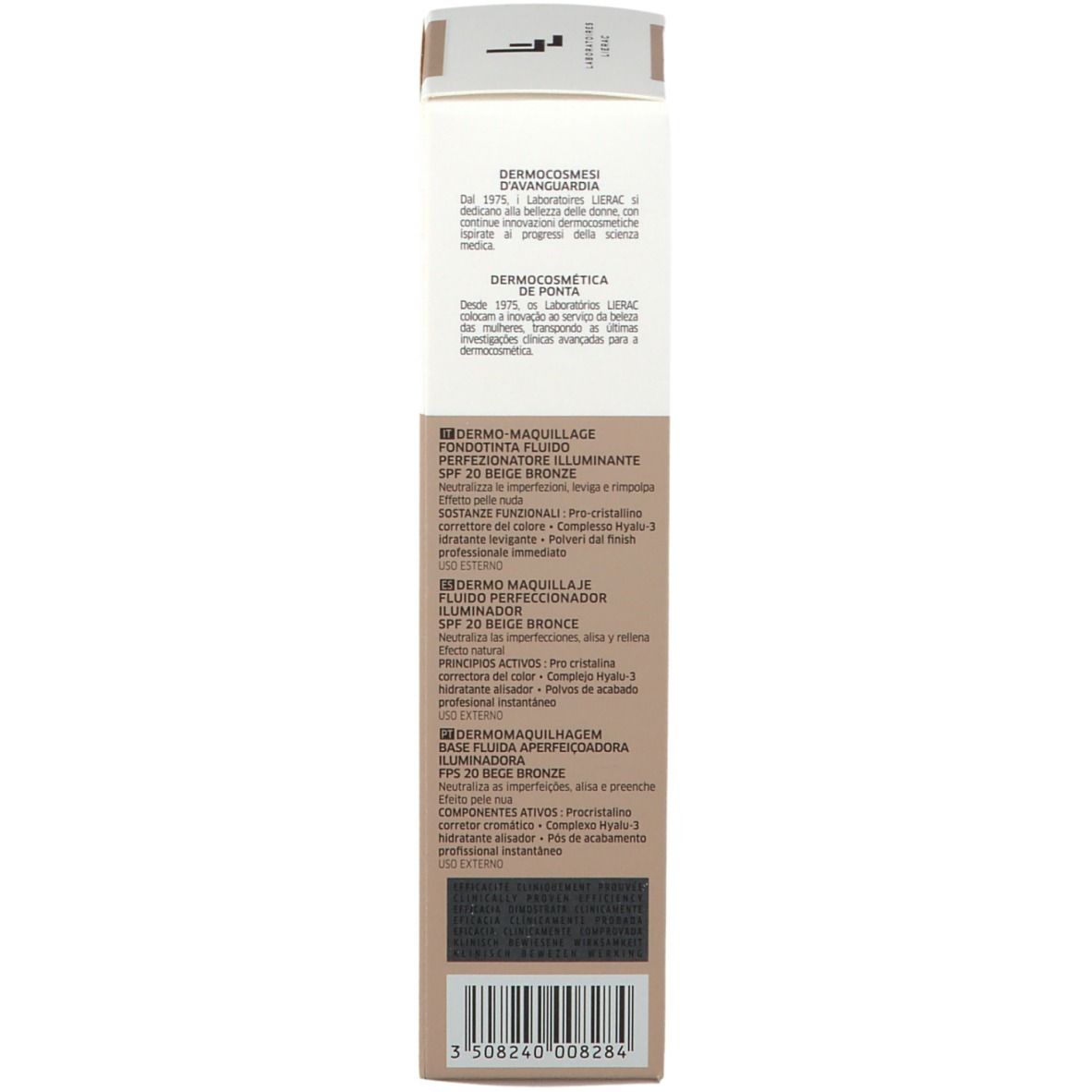 Dos de l'emballage LIERAC TEINT PERFECT SKIN Fluid Foundation 04 Beige Bronze. Texte et code-barres.