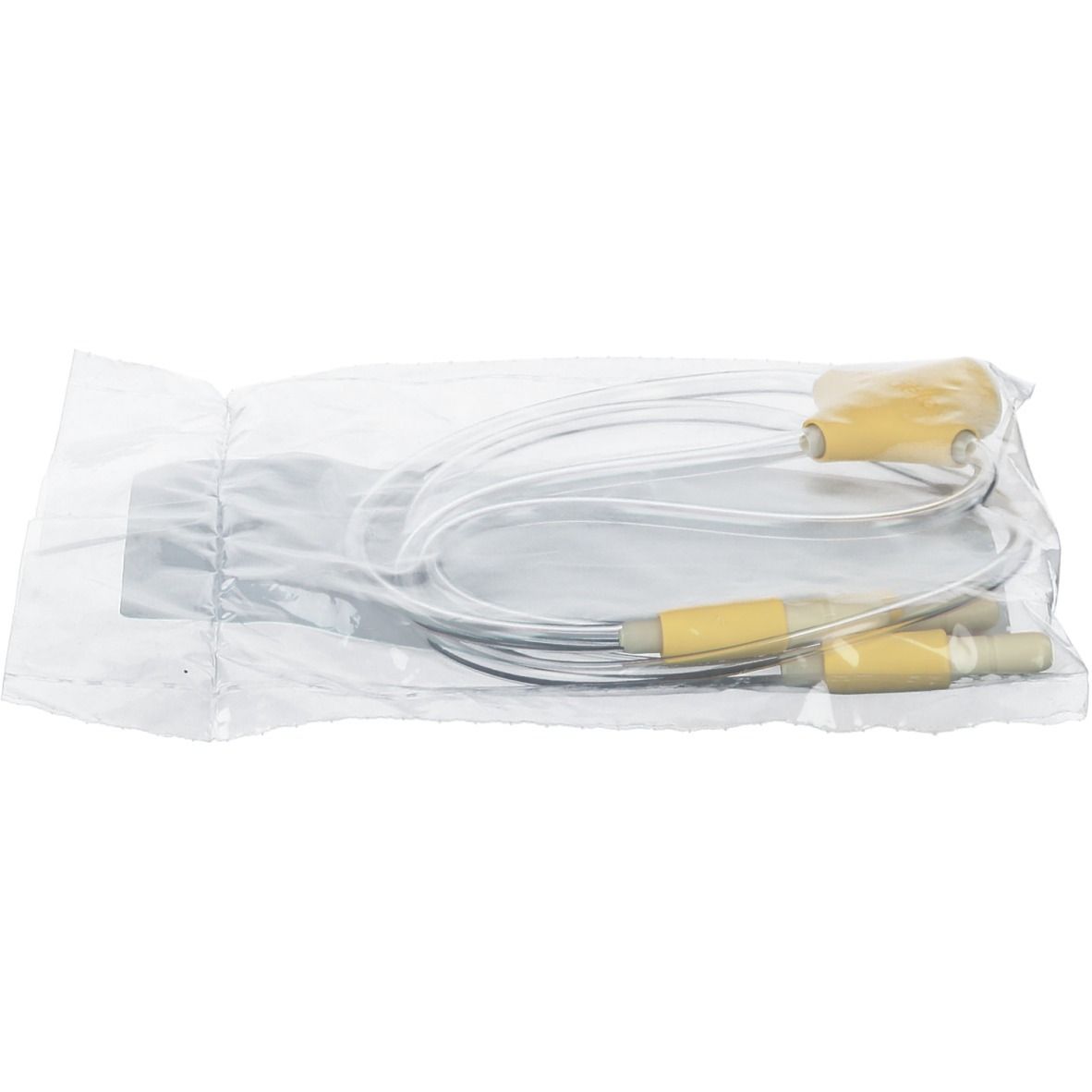 Medela Ersatzteil Freestyle PVC Verbindungsschlauch. Transparente Schläuche mit gelben Anschlüssen, in Plastikverpackung.