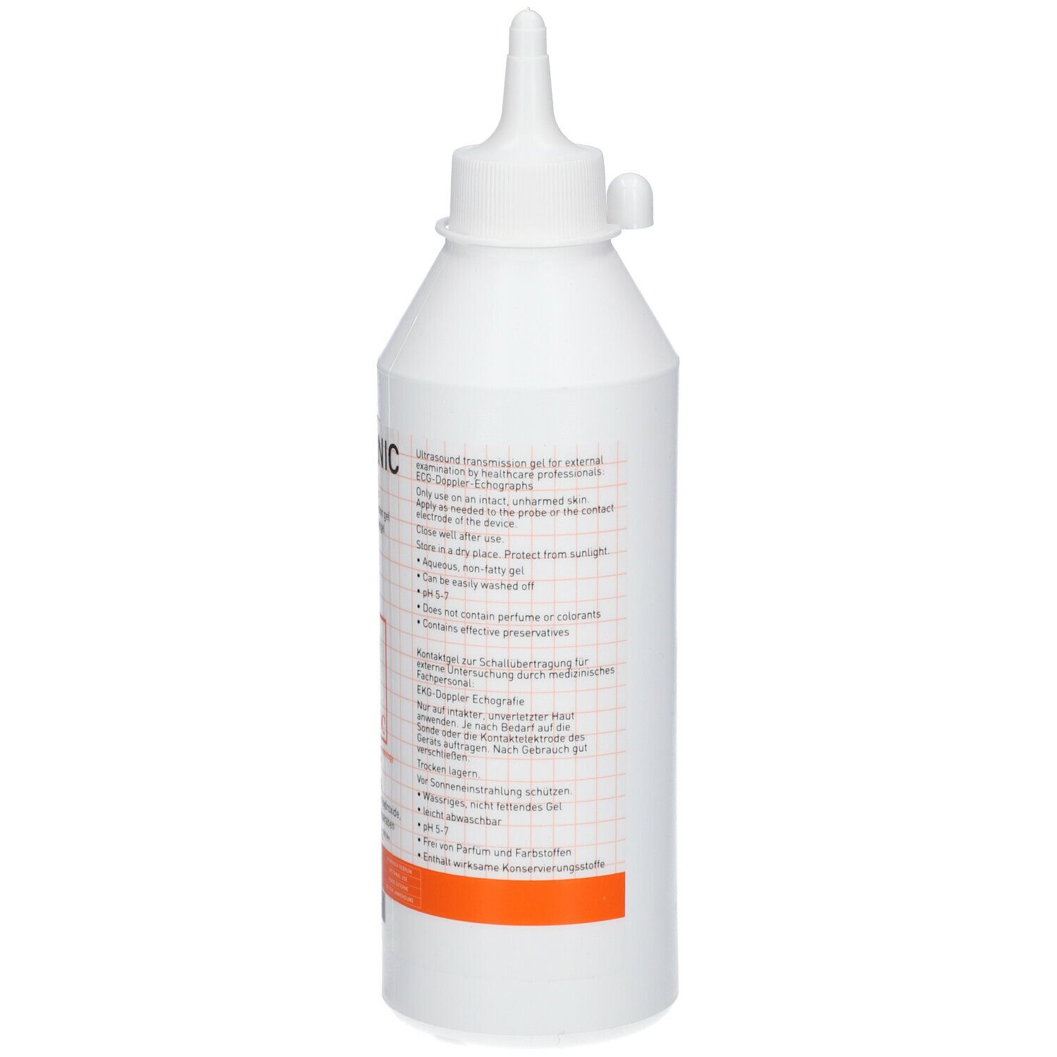 Flacon blanc avec texte. Bande orange au bas. Contient du gel de contact.