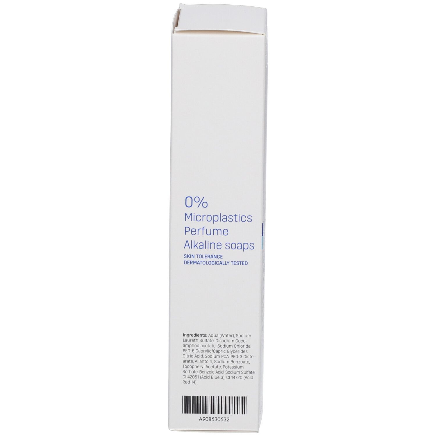 Dos de la boîte blanche. Texte: 0% microplastiques, parfum, savons alcalins. Ingrédients et testé dermatologiquement.