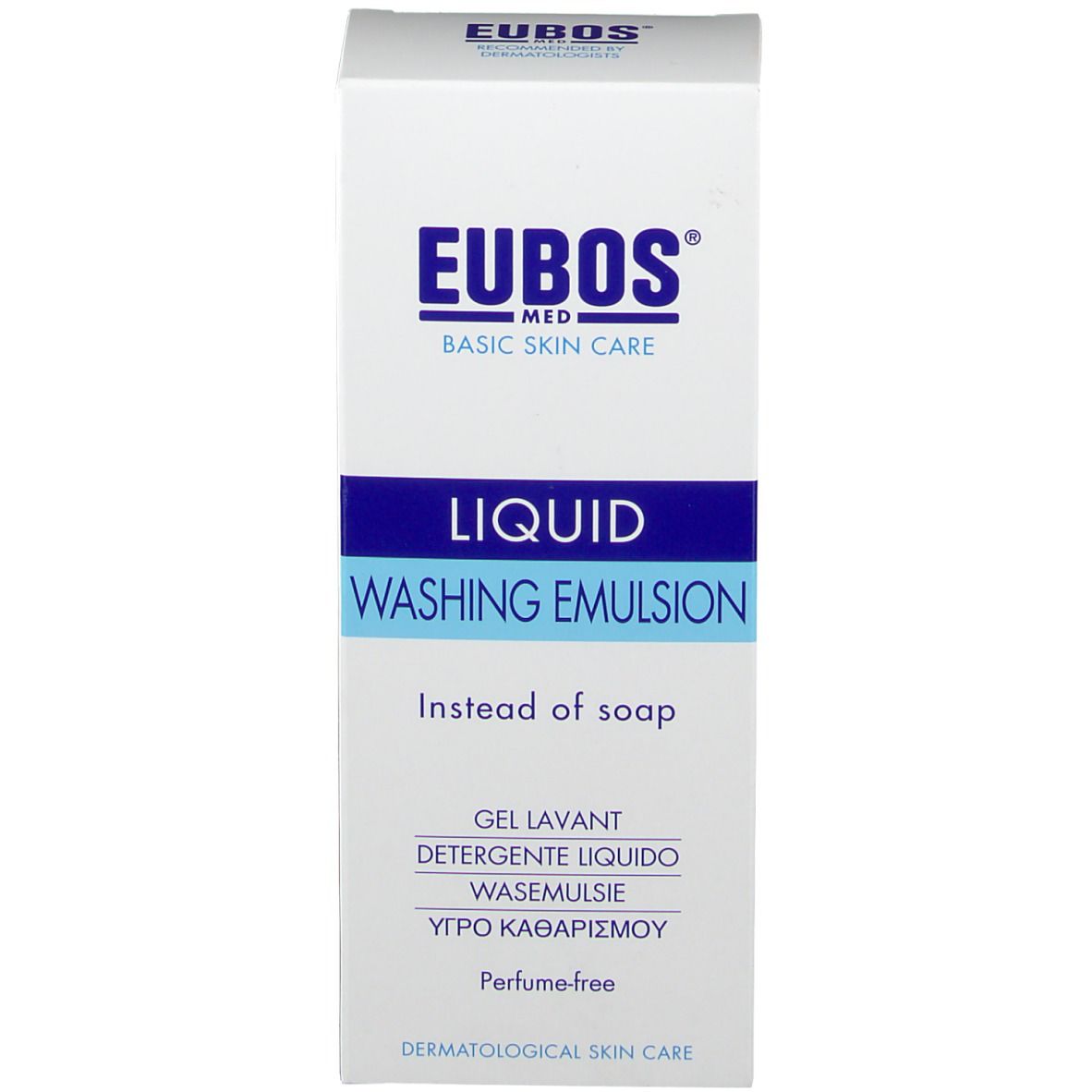 Boîte blanche avec bande bleue. Inscription: EUBOS, Émulsion lavante liquide, sans parfum, testé dermatologiquement.