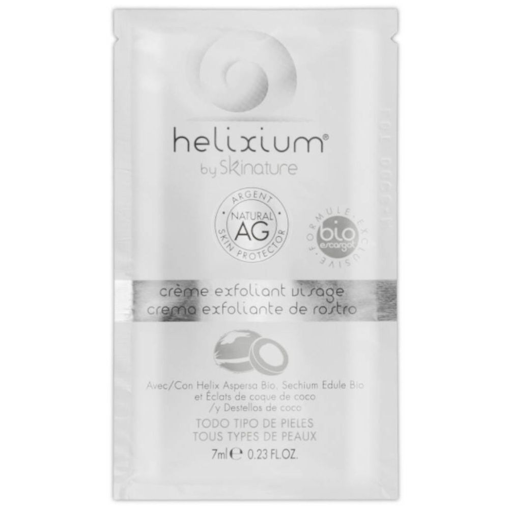 Sachet de gommage visage helixium®. Blanc, avec nom et logos du produit. Contient du texte en plusieurs langues.