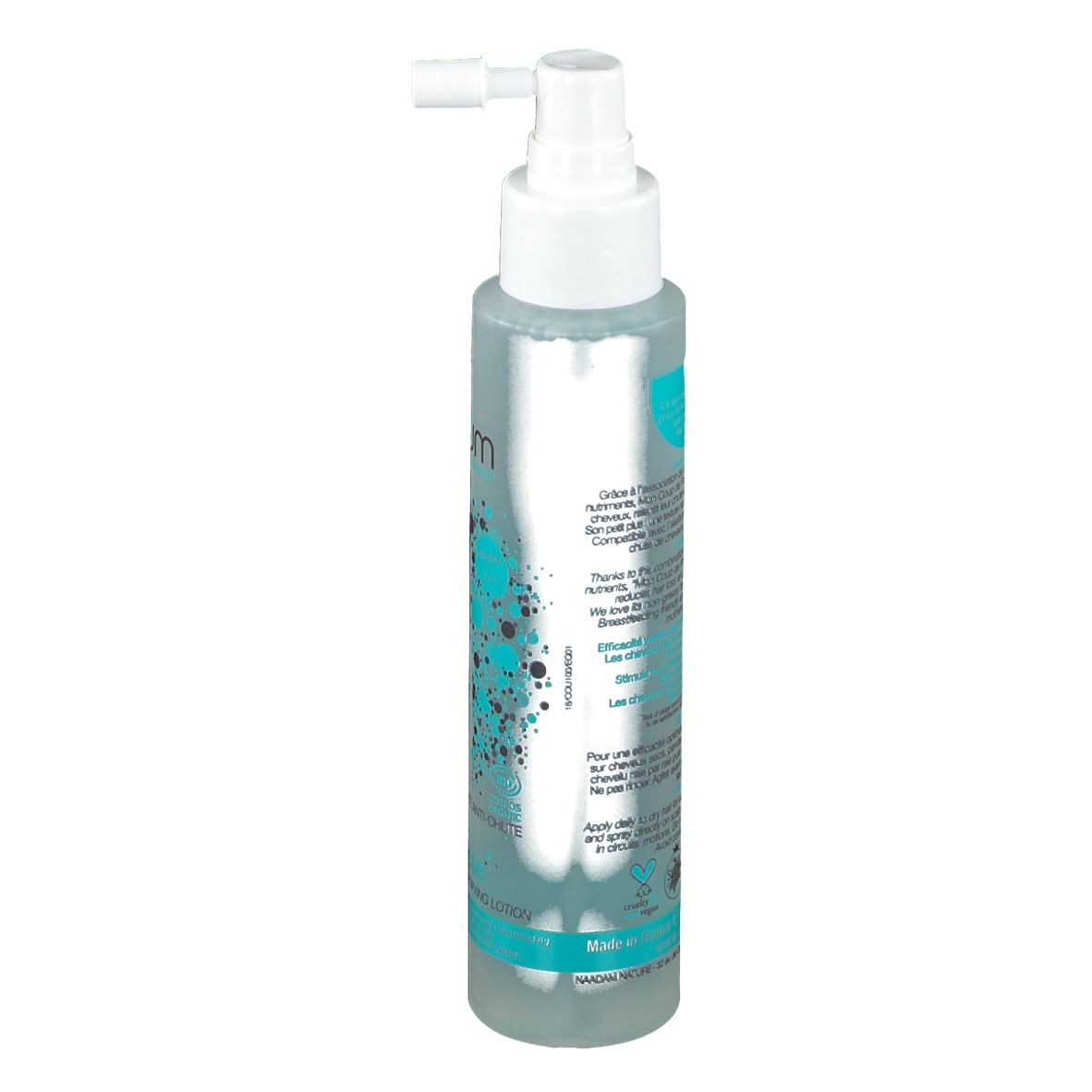 Dos d'un flacon transparent avec vaporisateur. Texte et graphiques turquoise et blanc. Informations produit et logos.