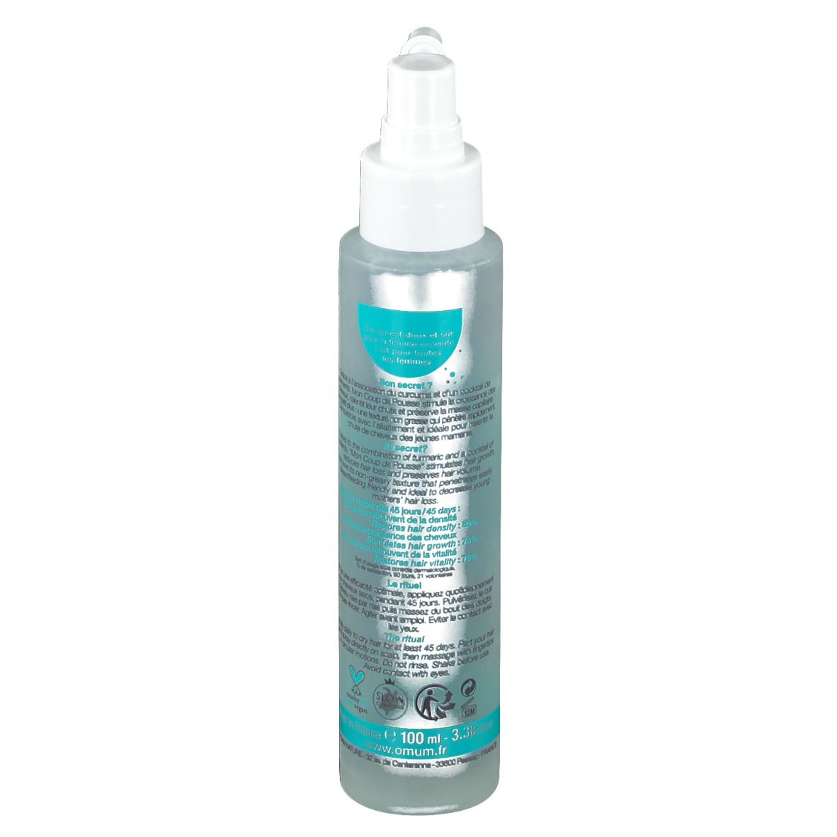 Dos d'un flacon transparent avec vaporisateur. Texte et graphiques turquoise et blanc. Informations produit et logos.
