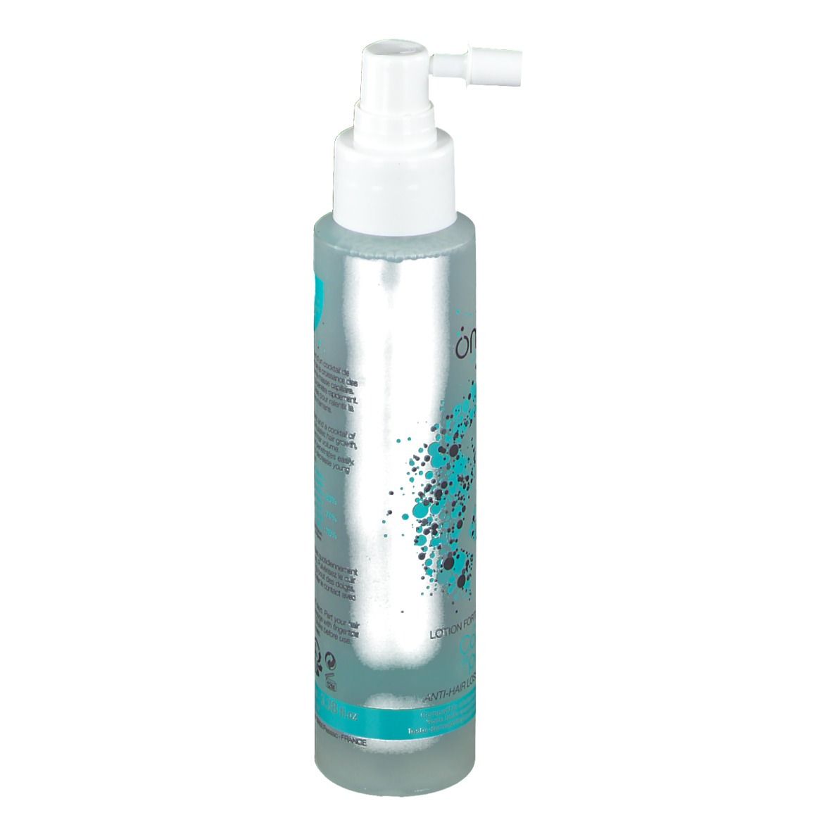 Flacon transparent avec vaporisateur. Graphique turquoise et blanc avec silhouette féminine. Texte: Omum, Lotion fortifiante anti-chute.