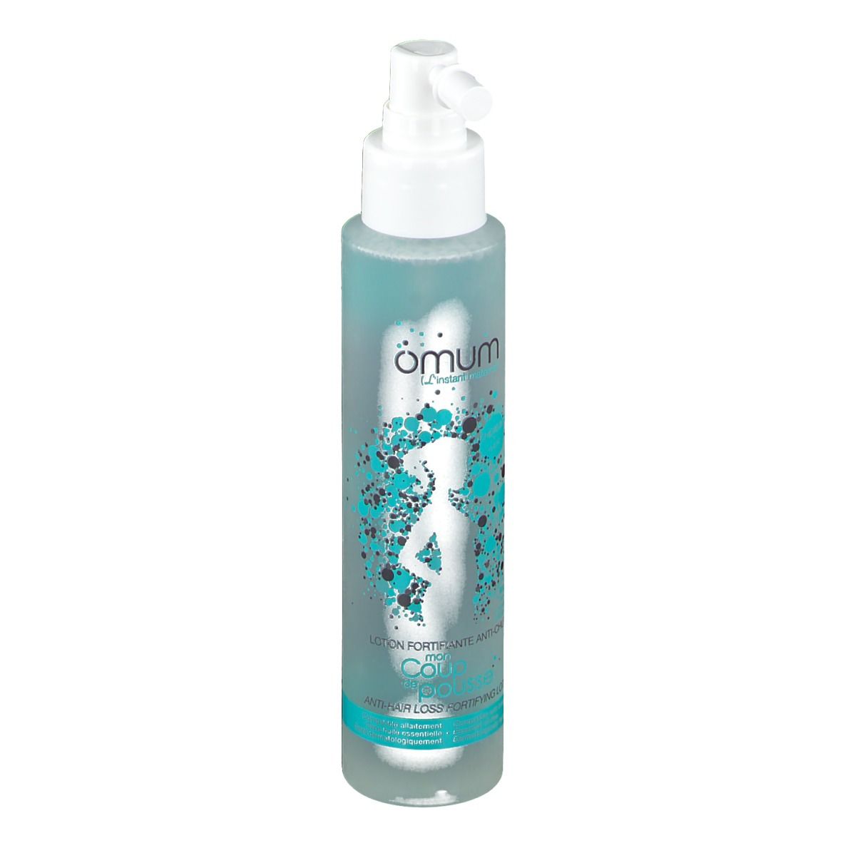 Flacon transparent avec vaporisateur. Graphique turquoise et blanc avec silhouette féminine. Texte: Omum, Lotion fortifiante anti-chute.
