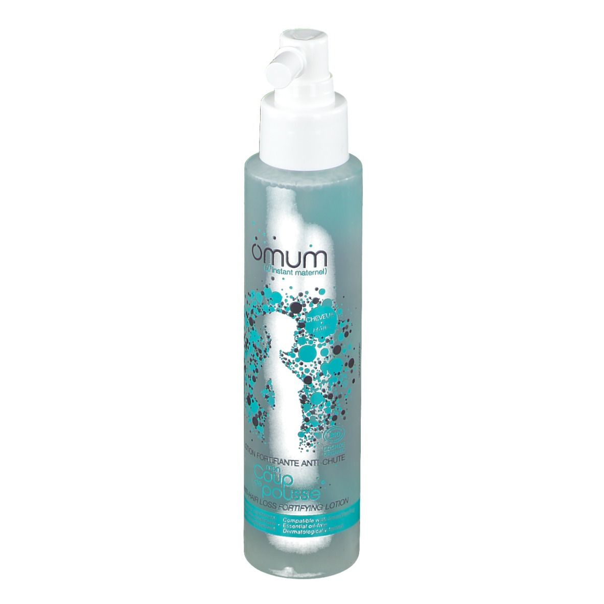 Flacon transparent avec vaporisateur. Graphique turquoise et blanc avec silhouette féminine. Texte: Omum, Lotion fortifiante anti-chute.