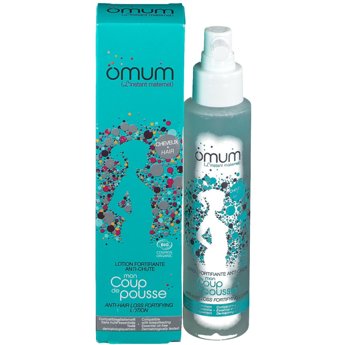 Produit avec emballage. Boîte turquoise et flacon transparent avec vaporisateur. Texte: Omum, Lotion fortifiante anti-chute.