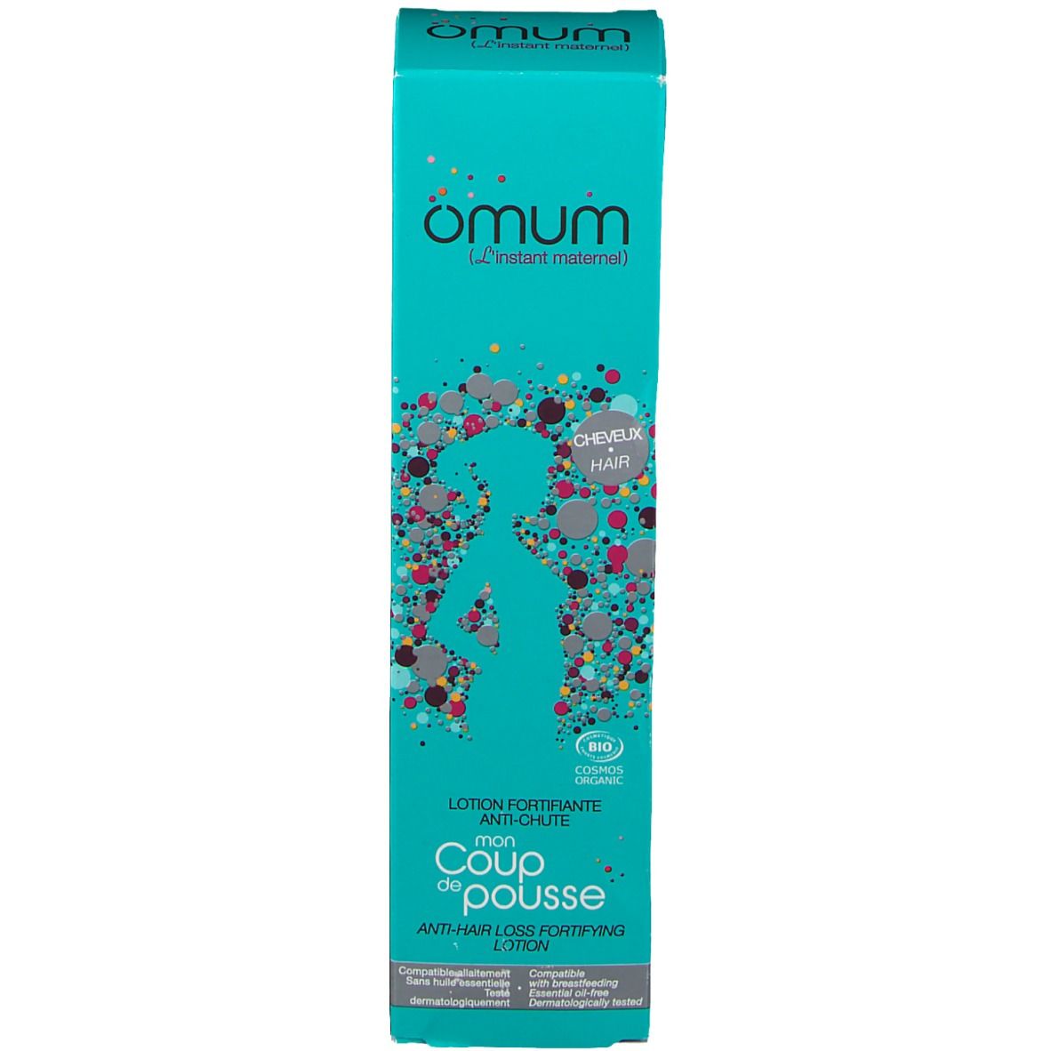 Boîte turquoise. Texte: Omum, Lotion fortifiante anti-chute. Logo et informations produit. Certification bio.