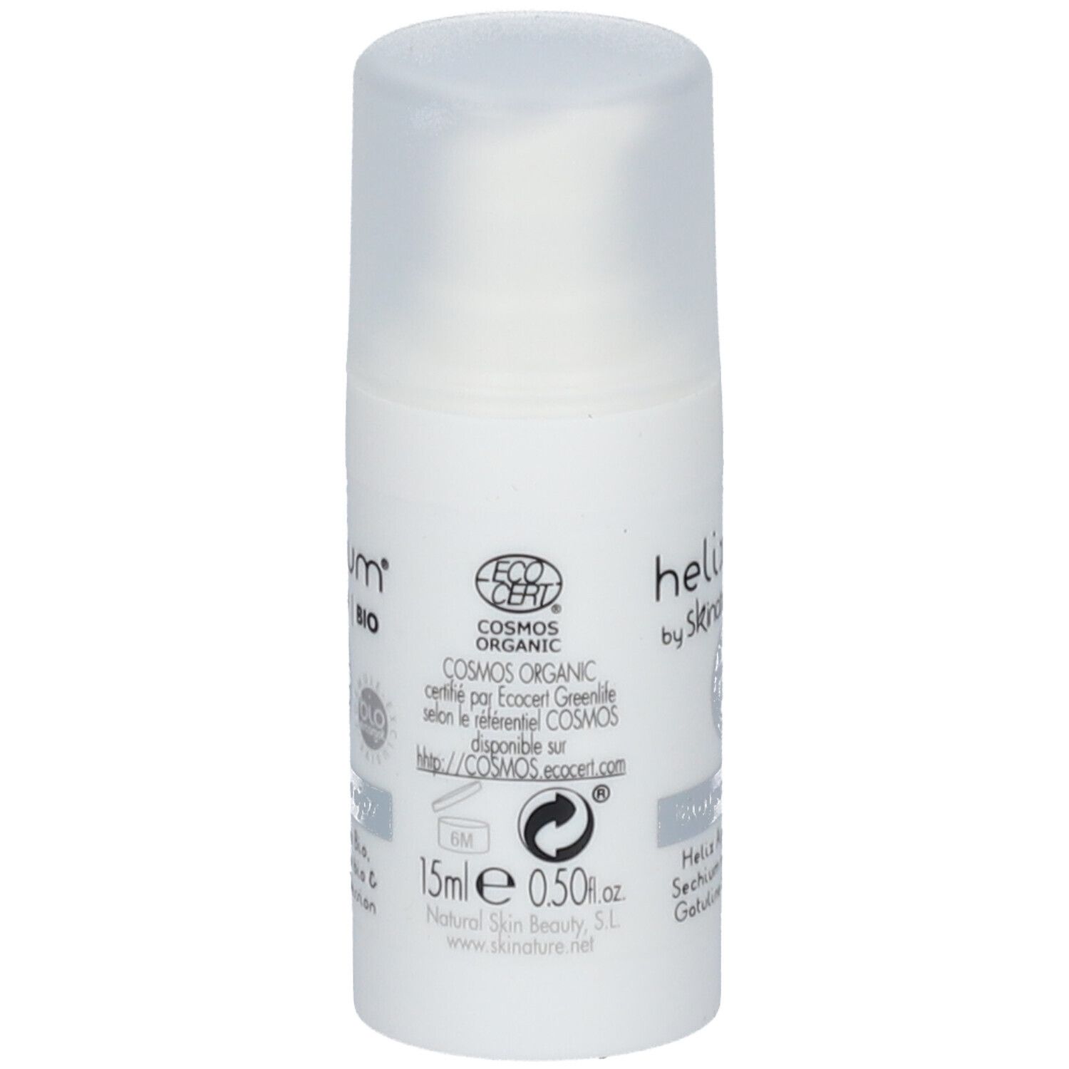 Witte cilinder met transparante dop. Opschrift: helixium® by skinature | BIO. Certificeringen en ingrediënten.