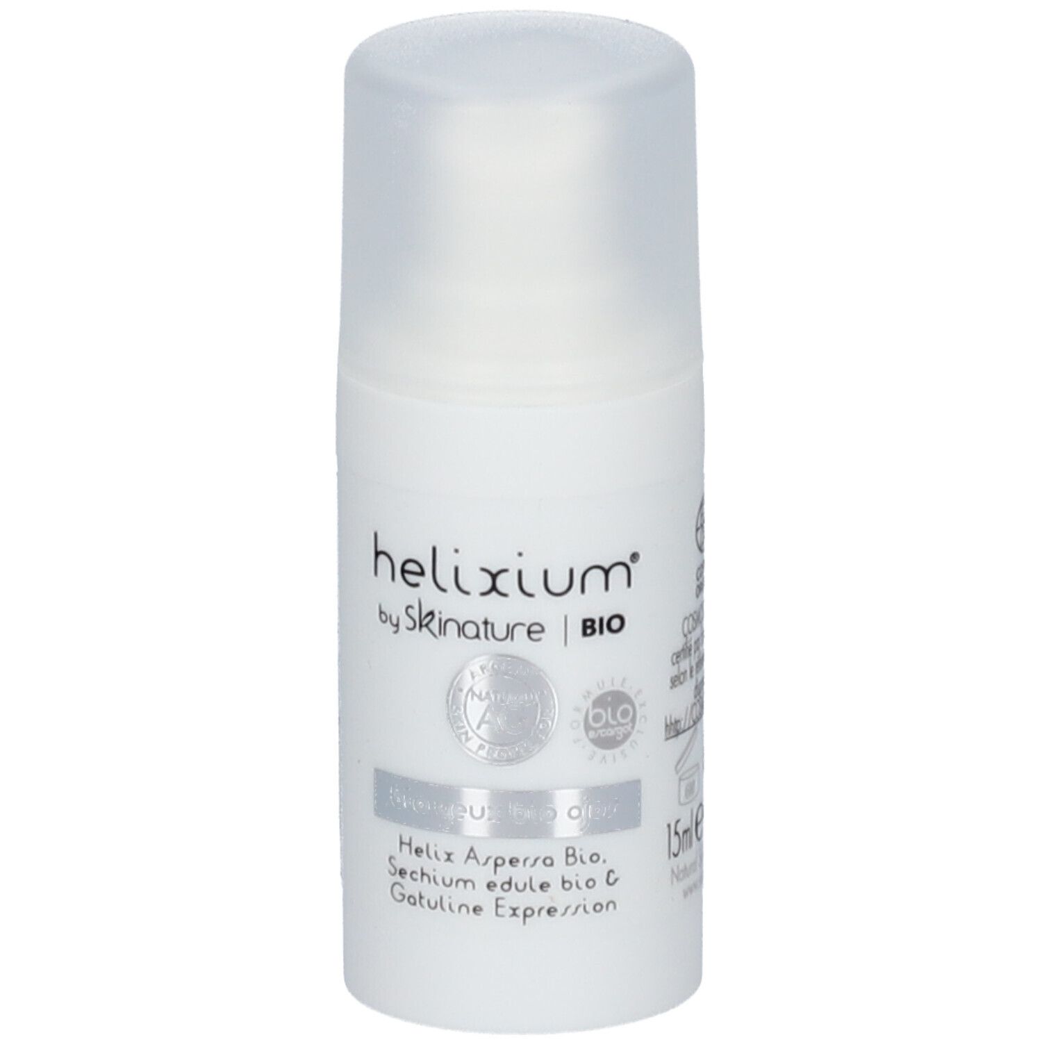 Witte cilinder met transparante dop. Opschrift: helixium® by skinature | BIO. Certificeringen en ingrediënten.