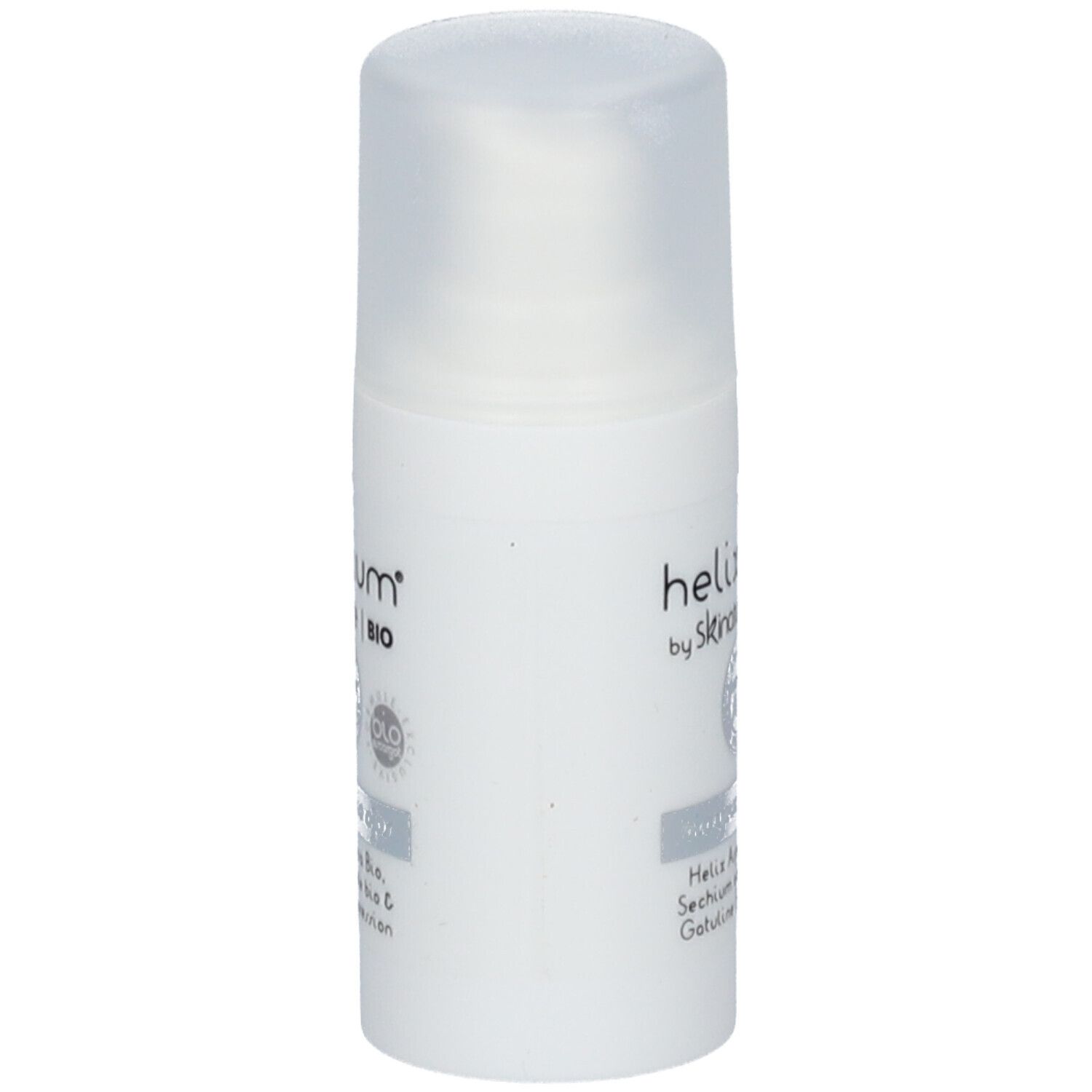Witte cilinder met transparante dop. Opschrift: helixium® by skinature | BIO. Certificeringen en ingrediënten.