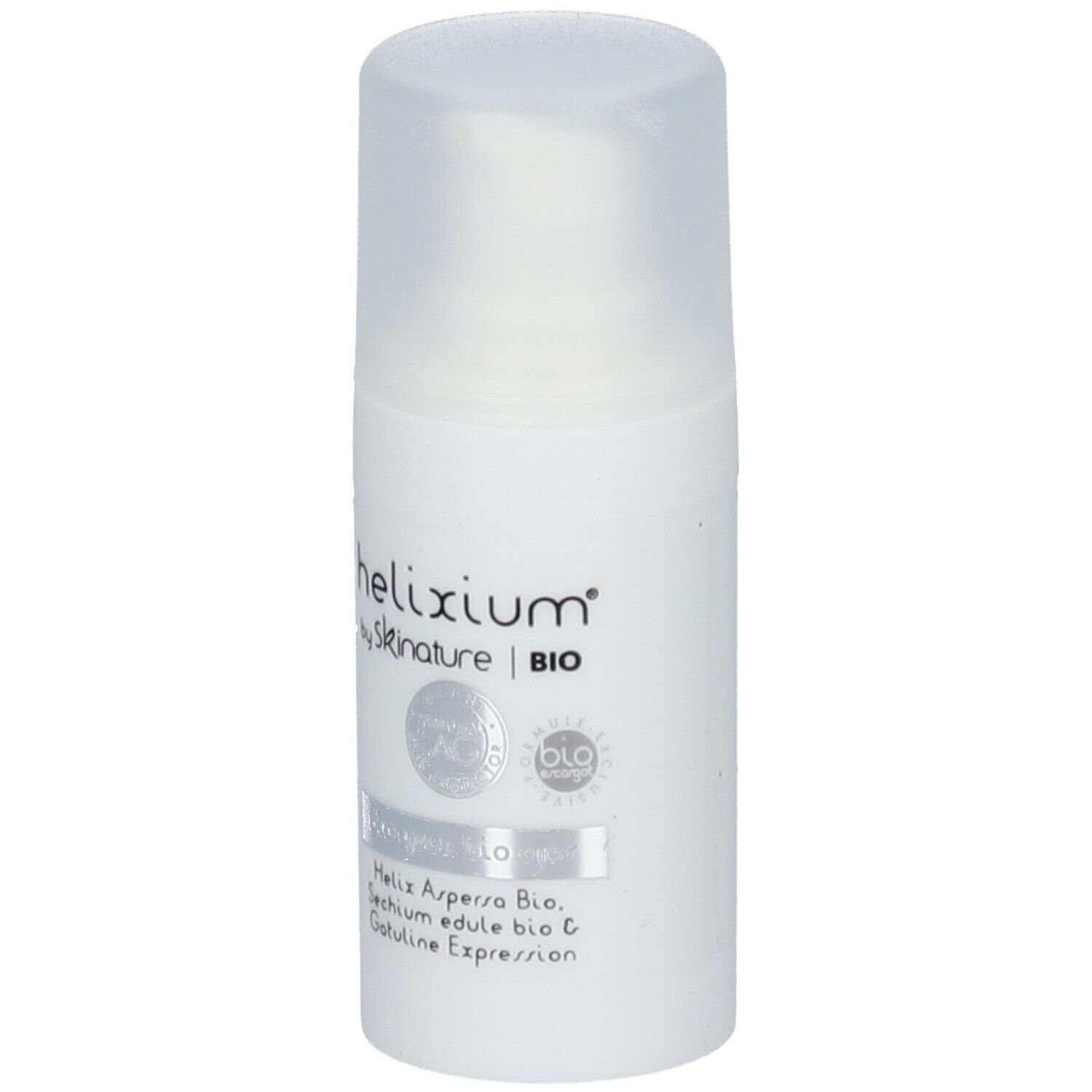 Witte cilinder met transparante dop. Opschrift: helixium® by skinature | BIO. Certificeringen en ingrediënten.