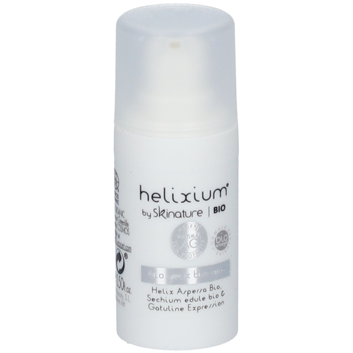 Witte cilinder met transparante dop. Opschrift: helixium® by skinature | BIO. Certificeringen en ingrediënten.