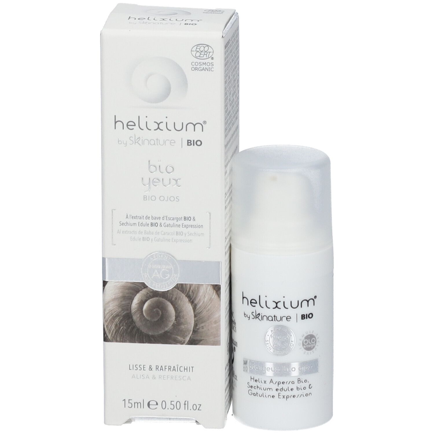 Product en verpakking. Witte cilinder en doos. Opschrift: helixium® by skinature | BIO. 15ml.