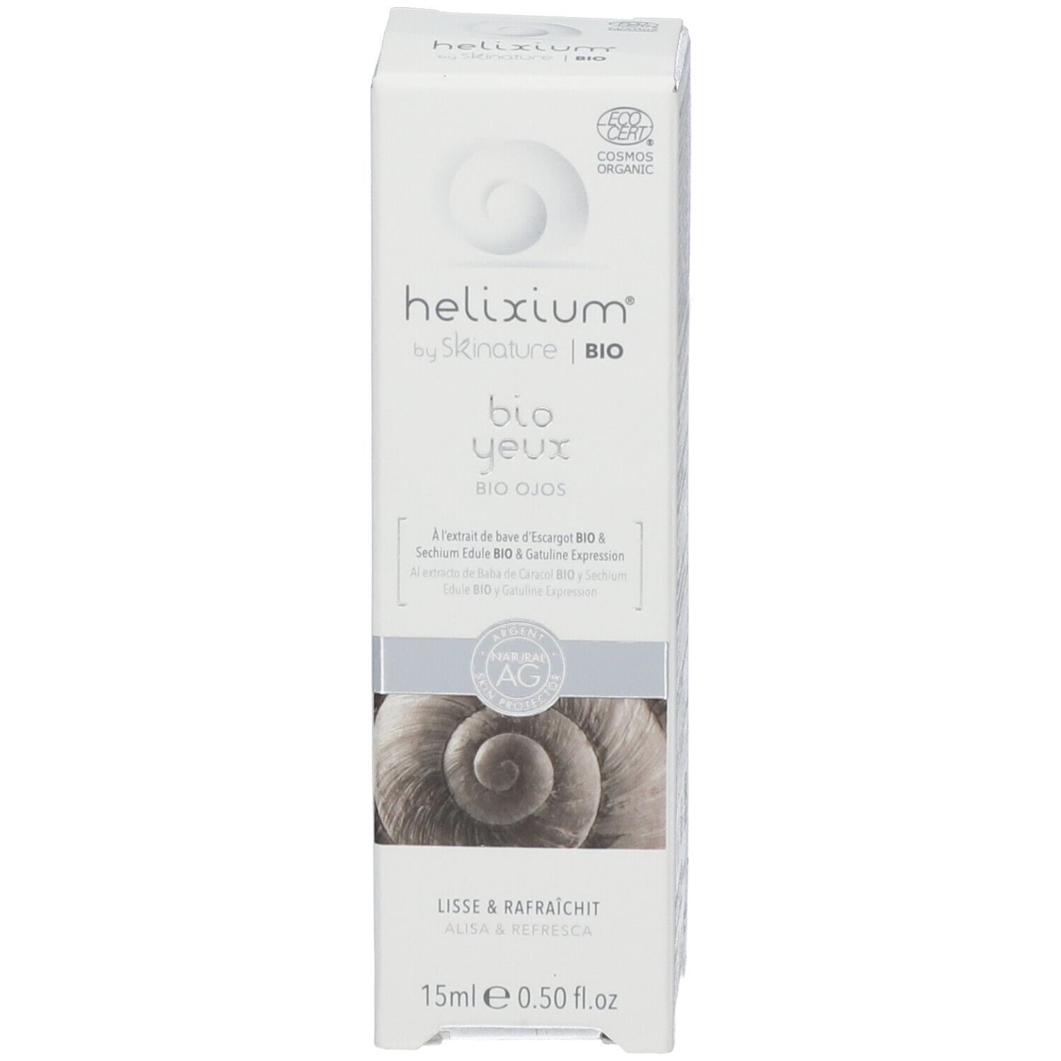 Kartonnen verpakking. Opschrift: helixium® by skinature | BIO. Bio ogen. 15ml. Slakkenhuis motief.