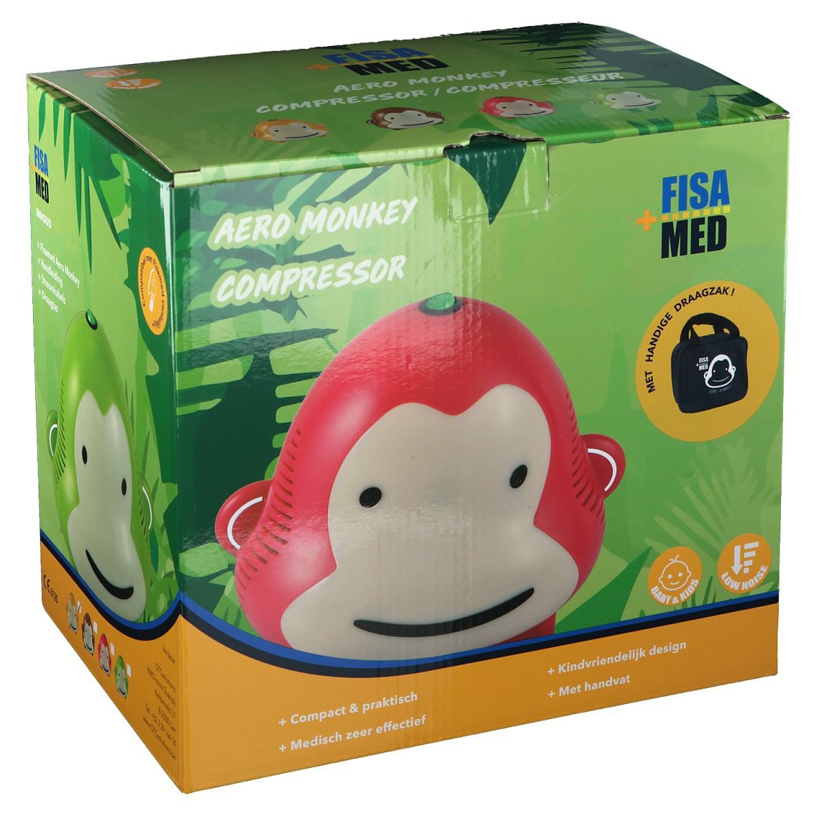 Boîte Fisamed Aero Monkey Compressor. Singe rouge avec visage blanc. Texte: Aero Monkey Compressor, Fisa Med.