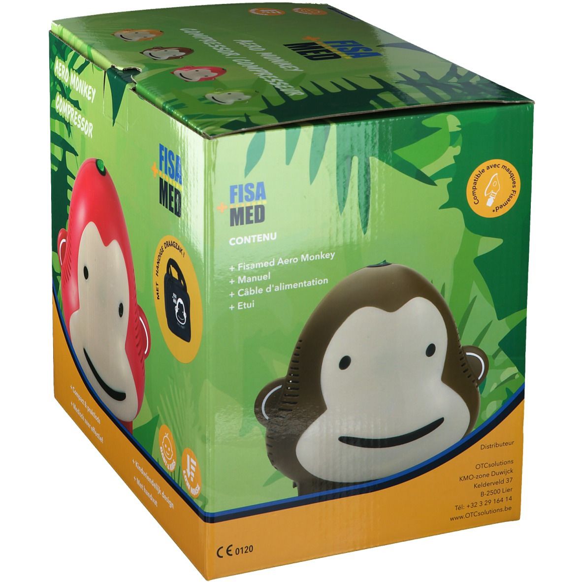 Boîte Fisamed Aero Monkey Compressor. Singe rouge et marron. Texte: Aero Monkey Compressor, Fisa Med, CE 0120.