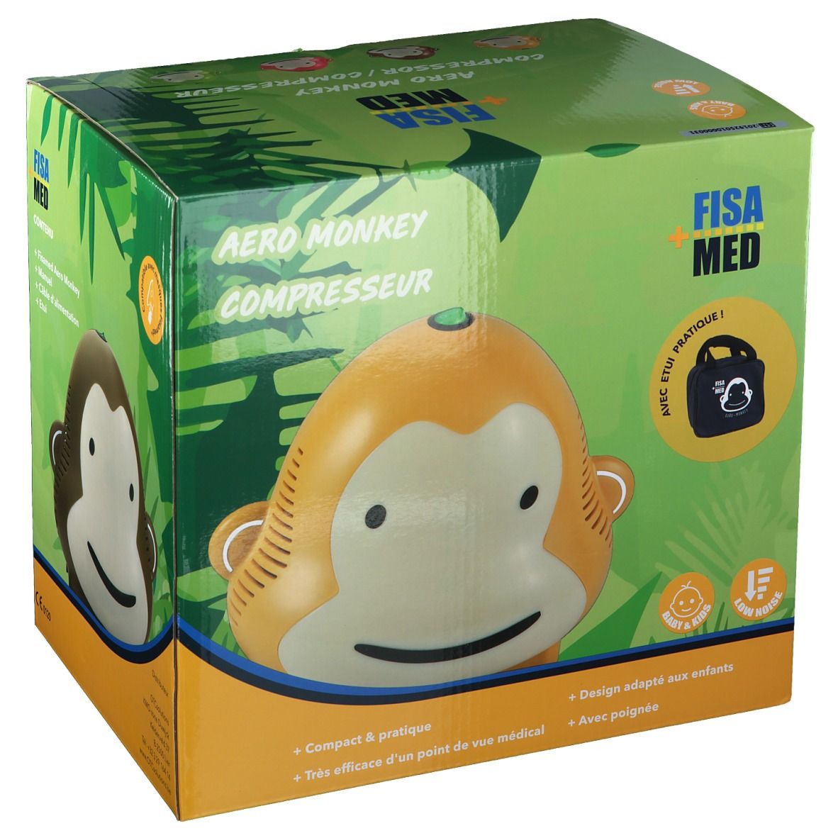 Boîte Fisamed Aero Monkey Compressor. Singe jaune avec visage blanc. Texte: Aero Monkey Compressor, Fisa Med.
