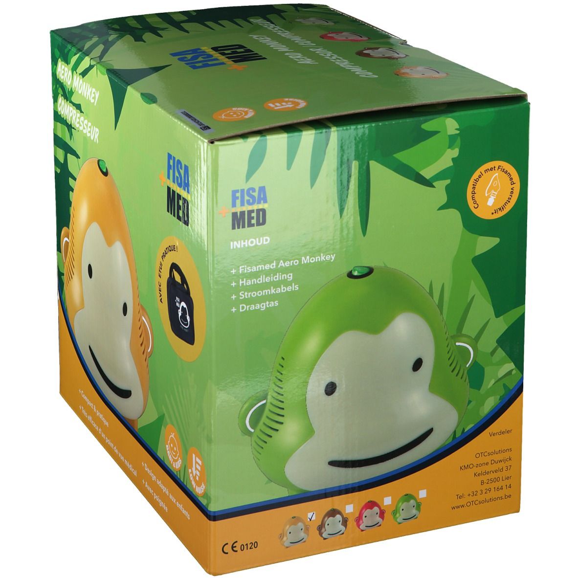 Boîte Fisamed Aero Monkey Compressor. Singe vert et jaune. Texte: Aero Monkey Compressor, Fisa Med, CE 0120.