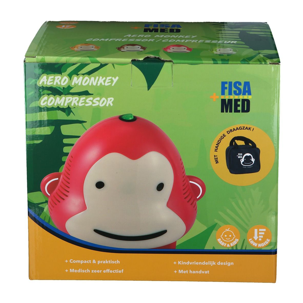Boîte Fisamed Aero Monkey Compressor. Singe rouge avec visage blanc. Texte: Aero Monkey Compressor, Fisa Med.