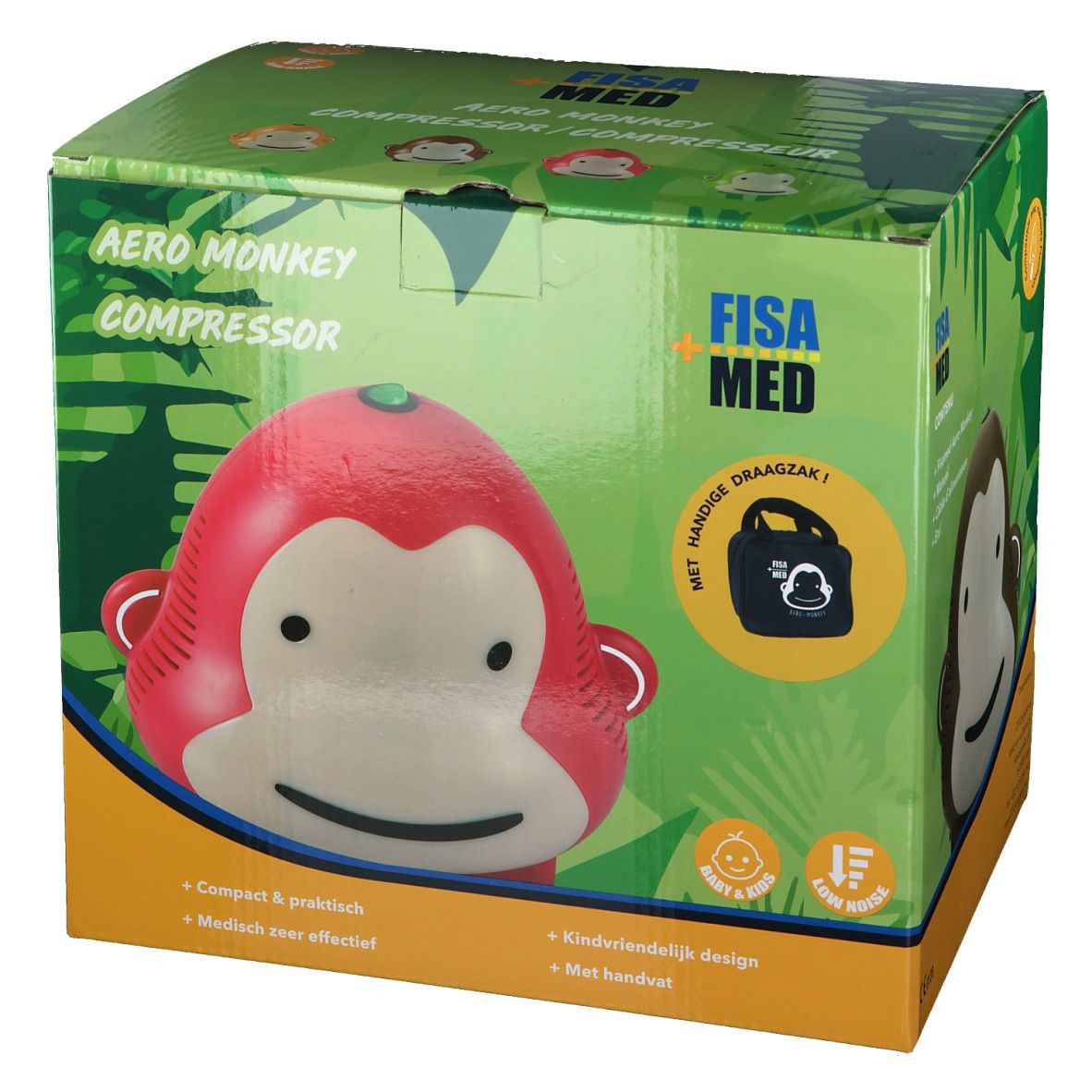 Boîte Fisamed Aero Monkey Compressor. Singe rouge avec visage blanc. Texte: Aero Monkey Compressor, Fisa Med.